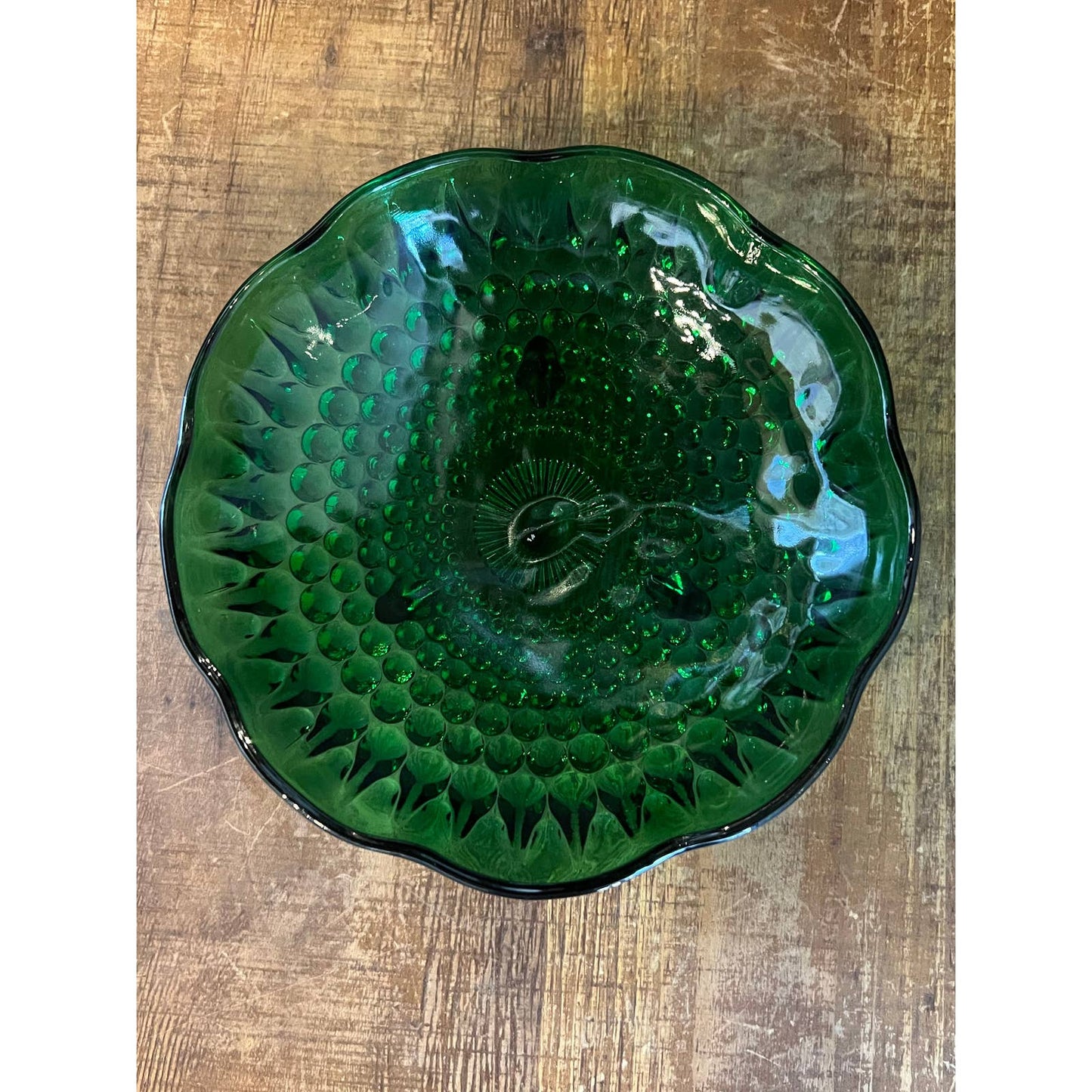 Anchor hocking emerald green glass tri footed hobnail style wavy rim bowl