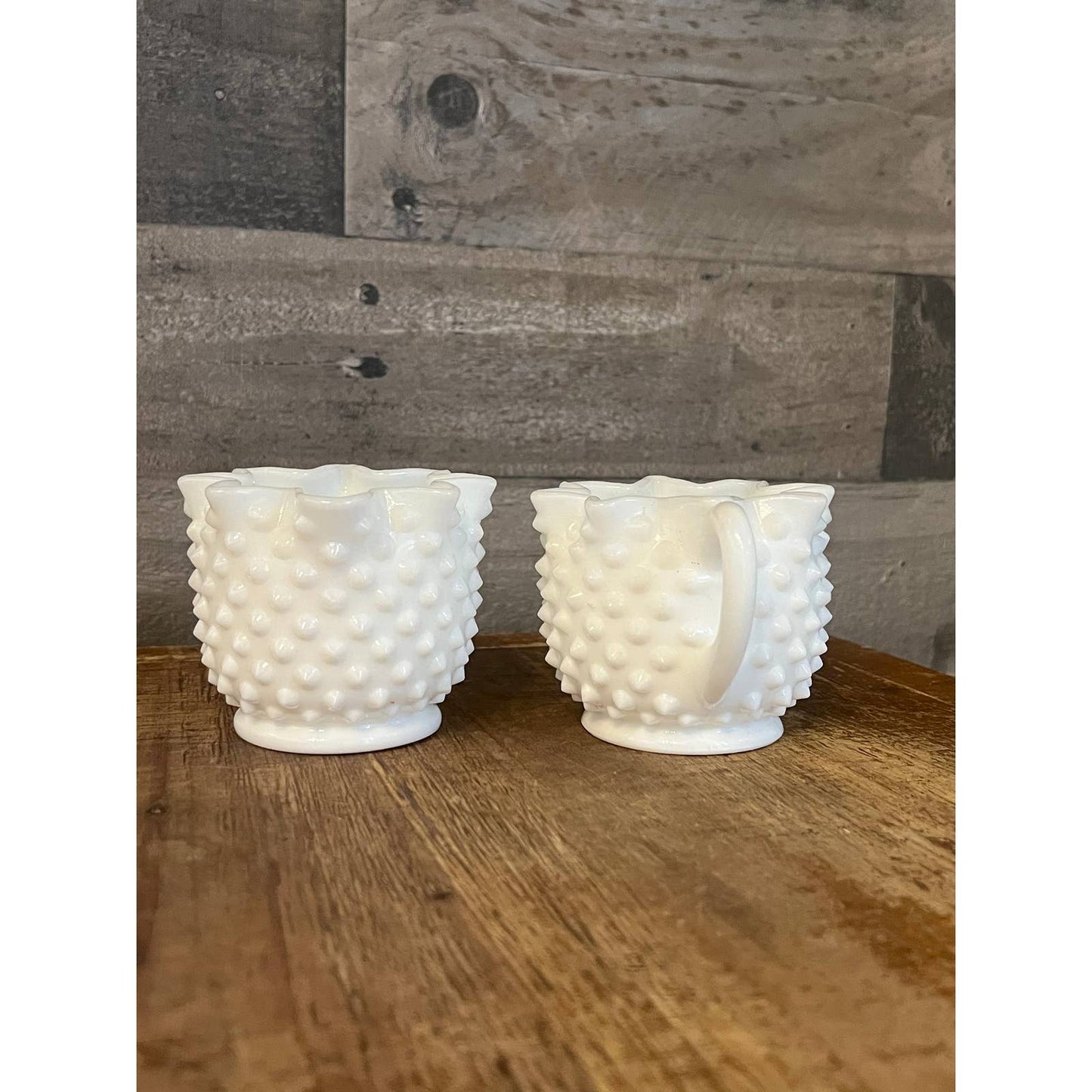 Fenton hobnail milk glass star shaped cream and open sugar bowl set