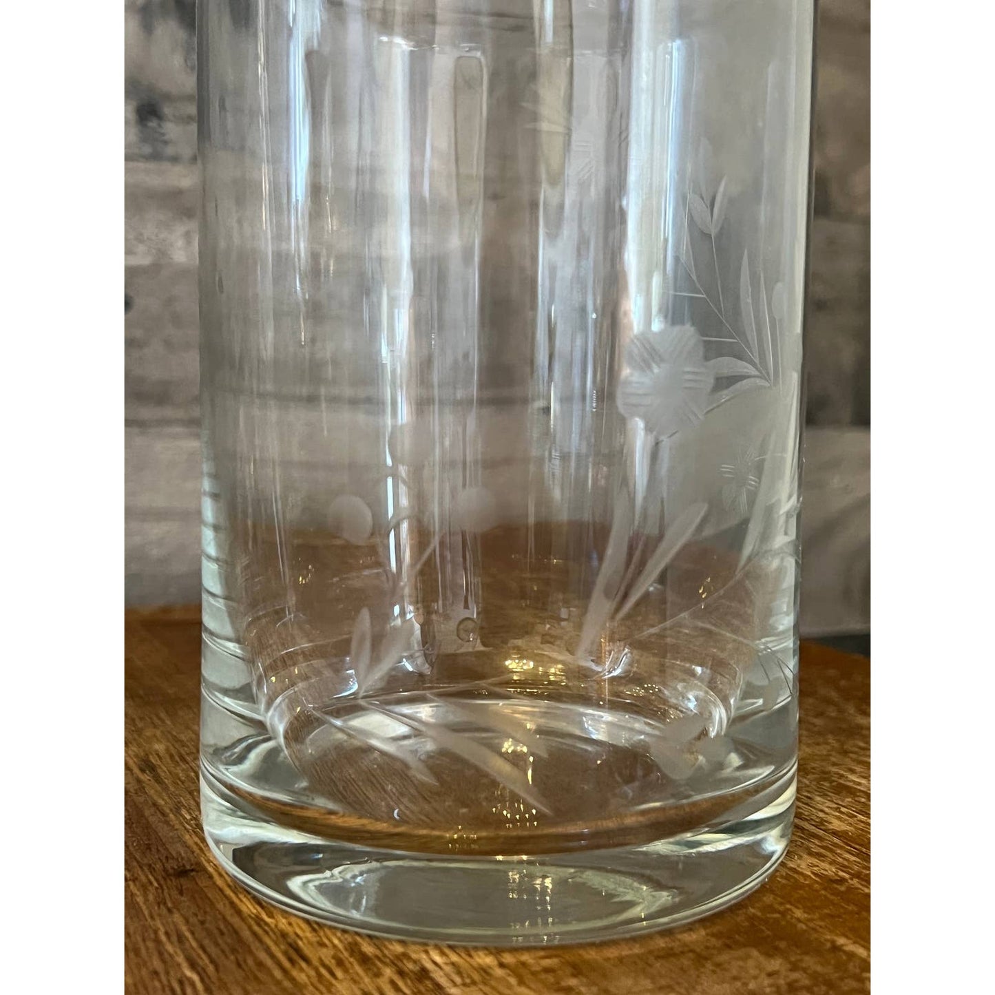 Clear glass floral etched tall decanter and cylinder stopper
