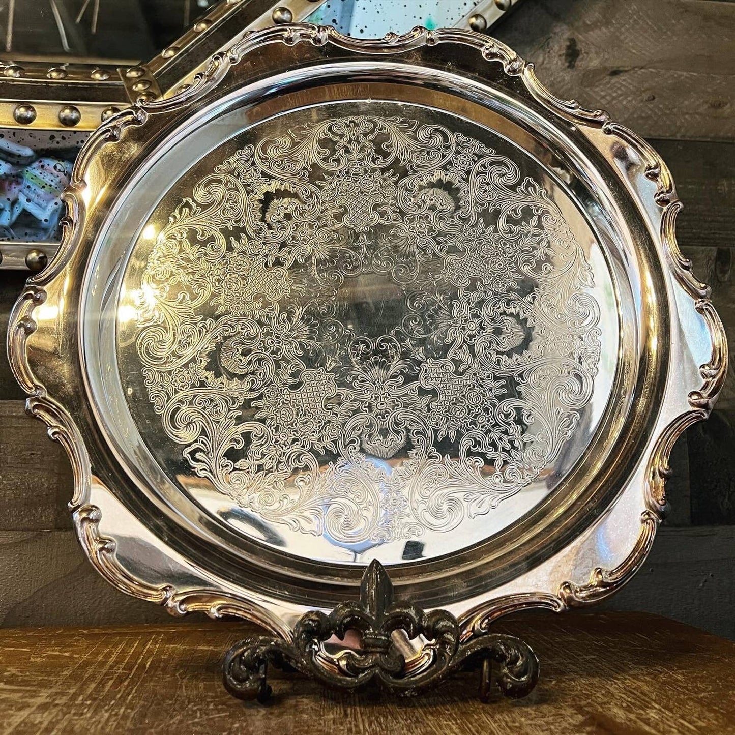 Vintage AMC Silverplate round scallop rim baroque tray