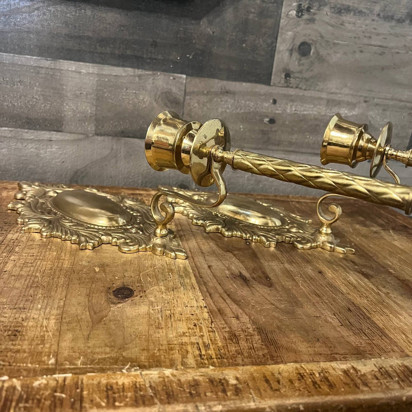 Vintage brass candlestick holder wall sconce pair