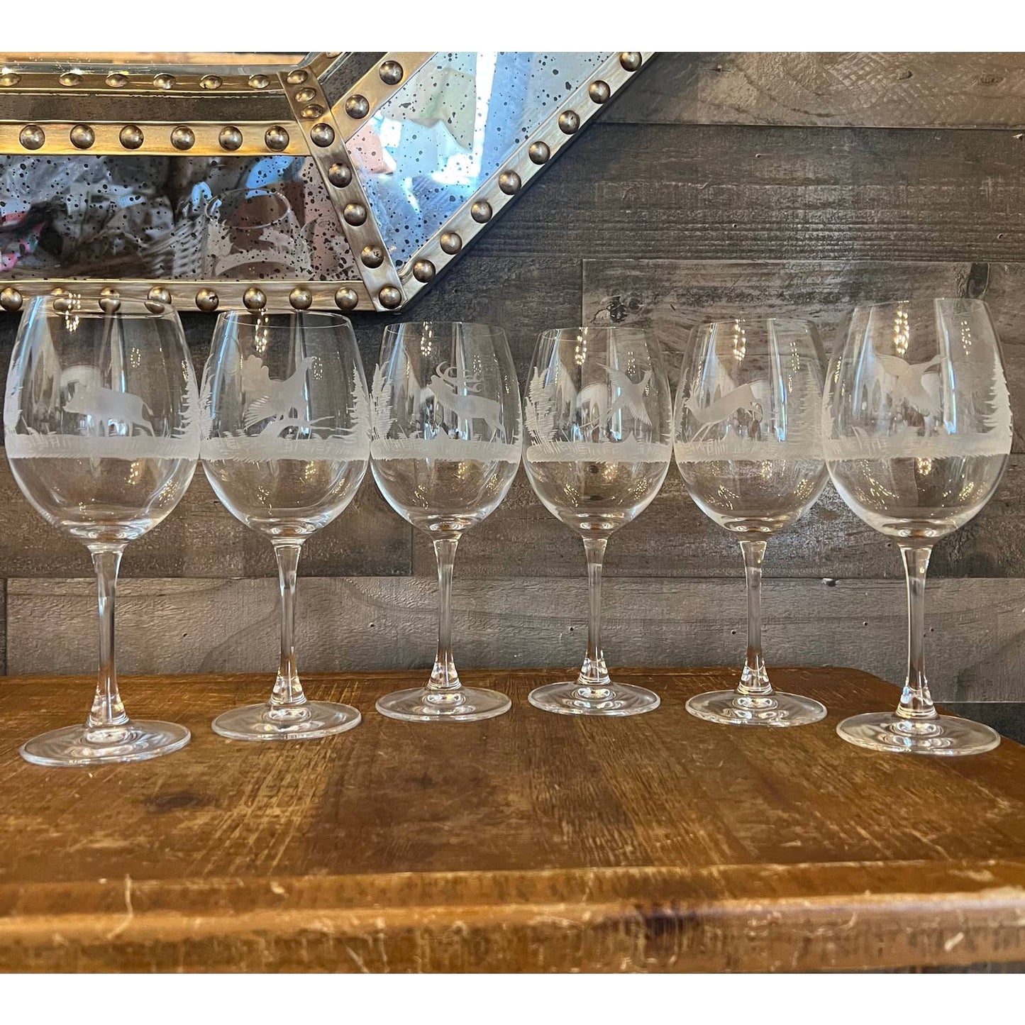 6 Spiegelau wild game etched wine glasses