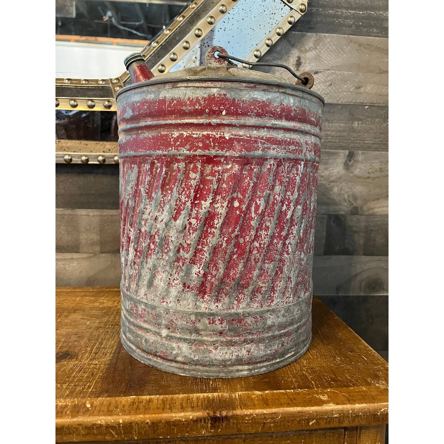 Vintage galvanized rustic metal handles gasoline can - red chipped paint gasoline can with handle and spout