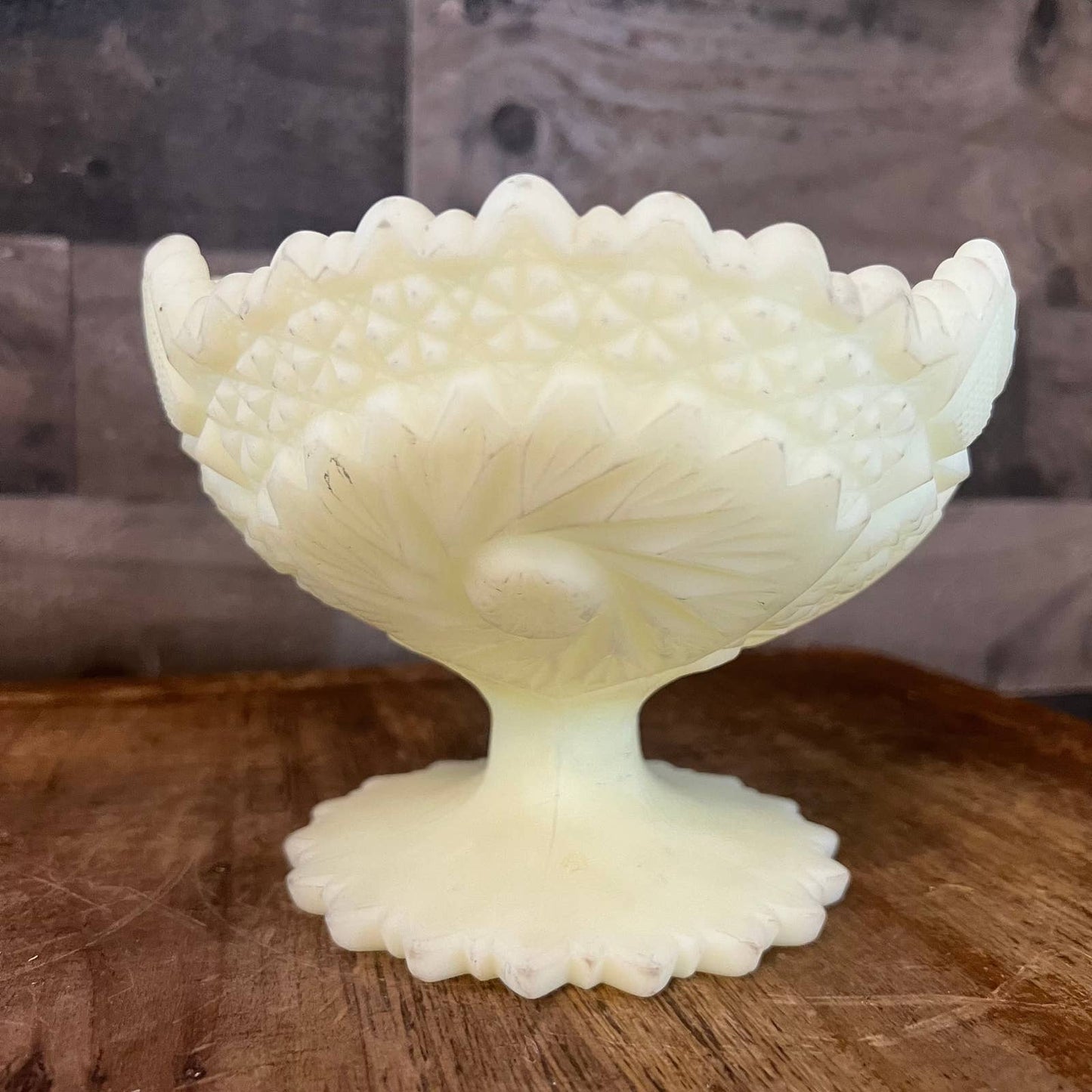 Vintage Fenton satin yellow custard uranium glass pedestal compote bowl