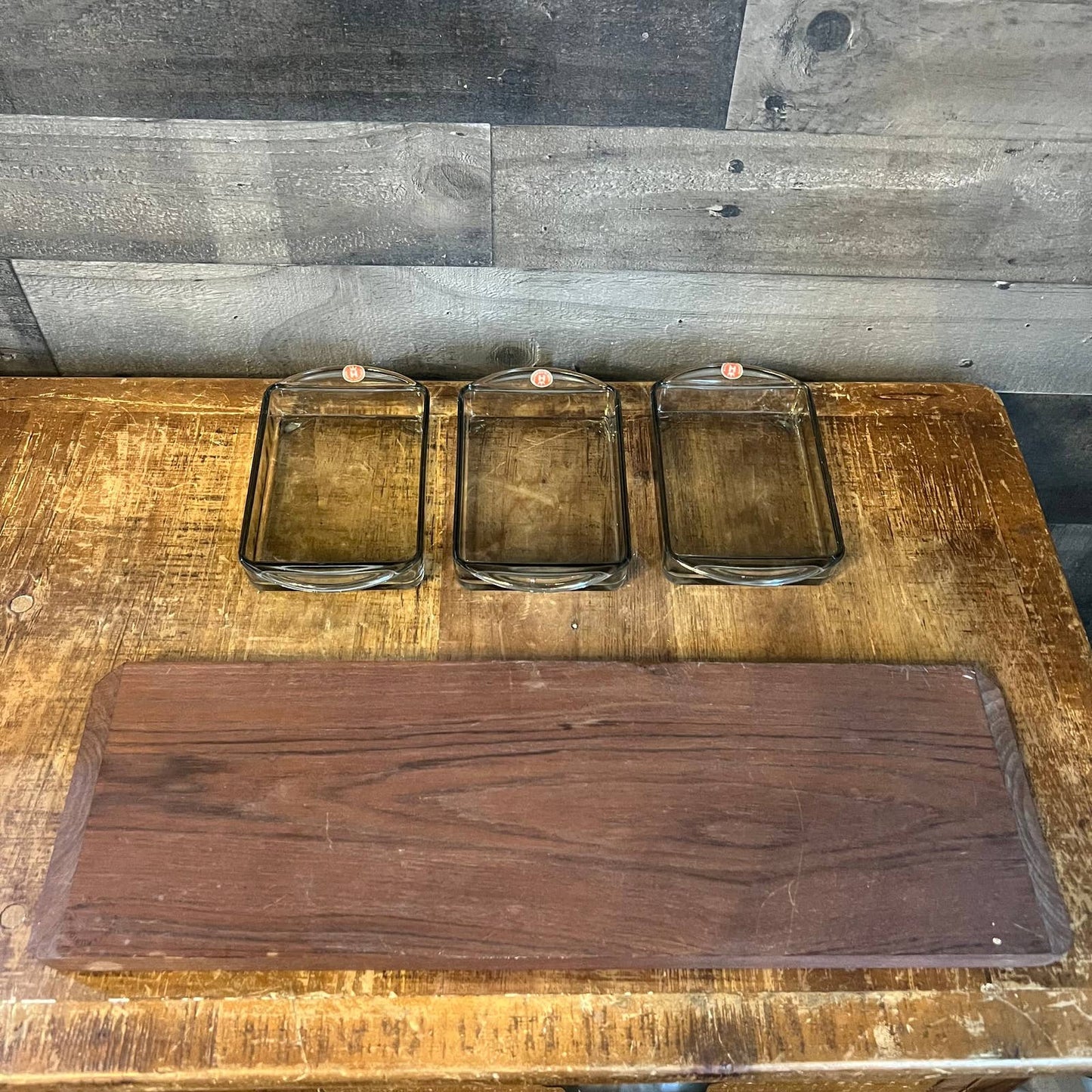 Vintage Danish teak wood smoked glass server