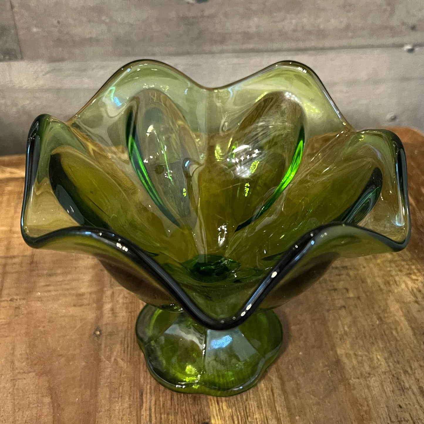 Avocado green glass petite wavy rim compote bowl