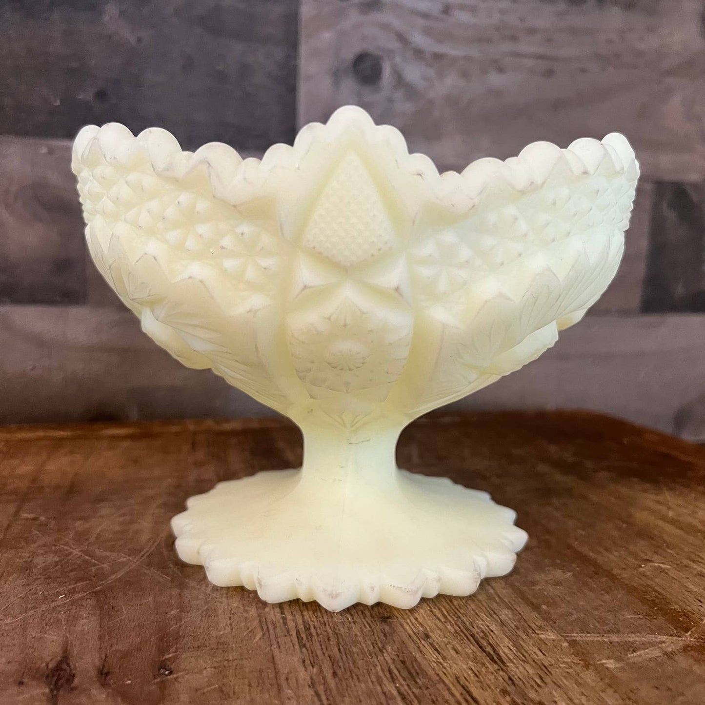 Vintage Fenton satin yellow custard uranium glass pedestal compote bowl