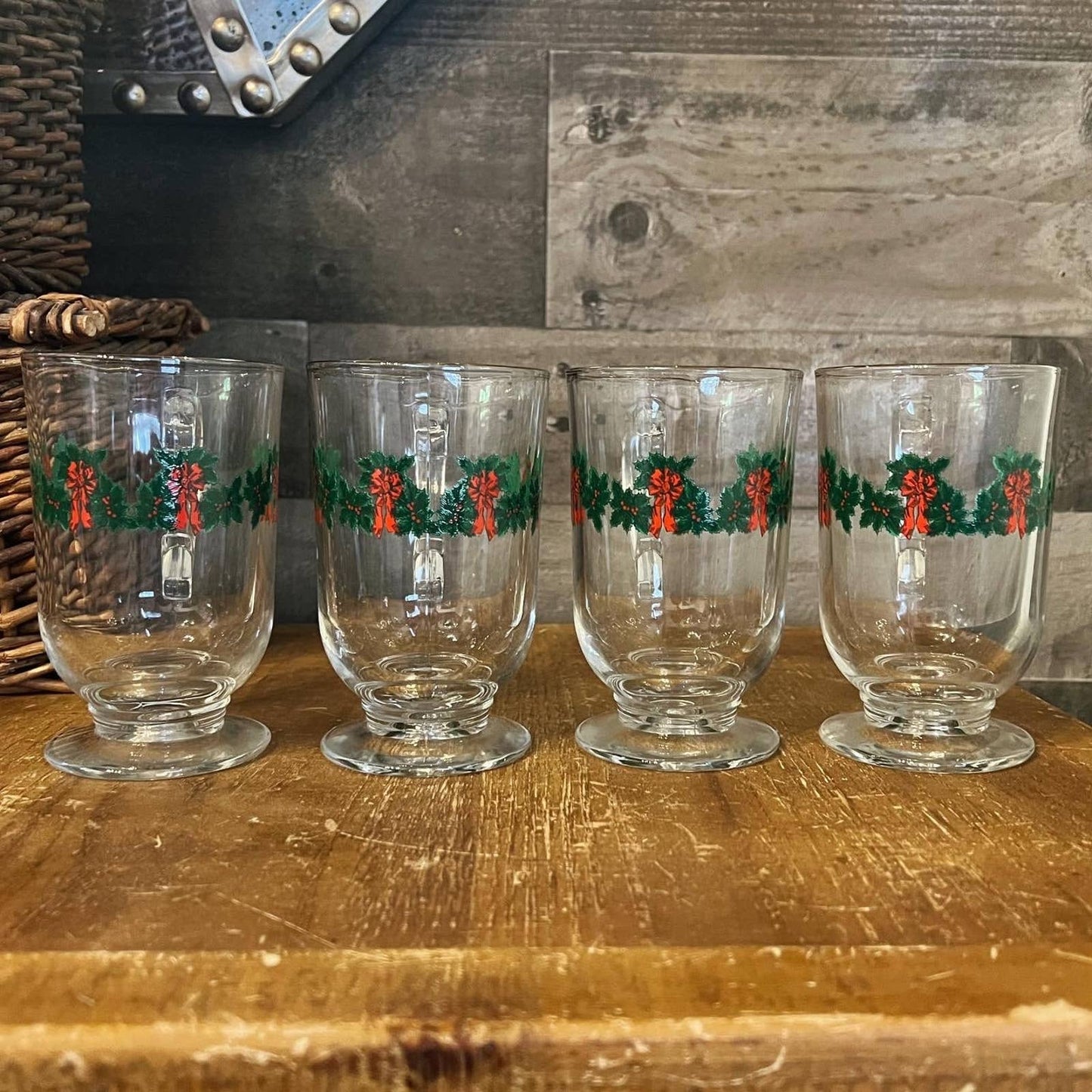 4 vintage holiday Libbey glass green garland red bows holly berries mugs