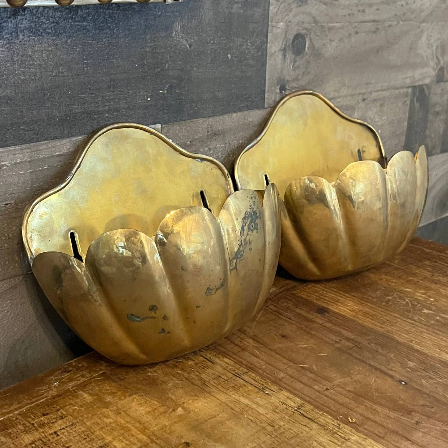 Vintage brass scallop edge wall planters - pair