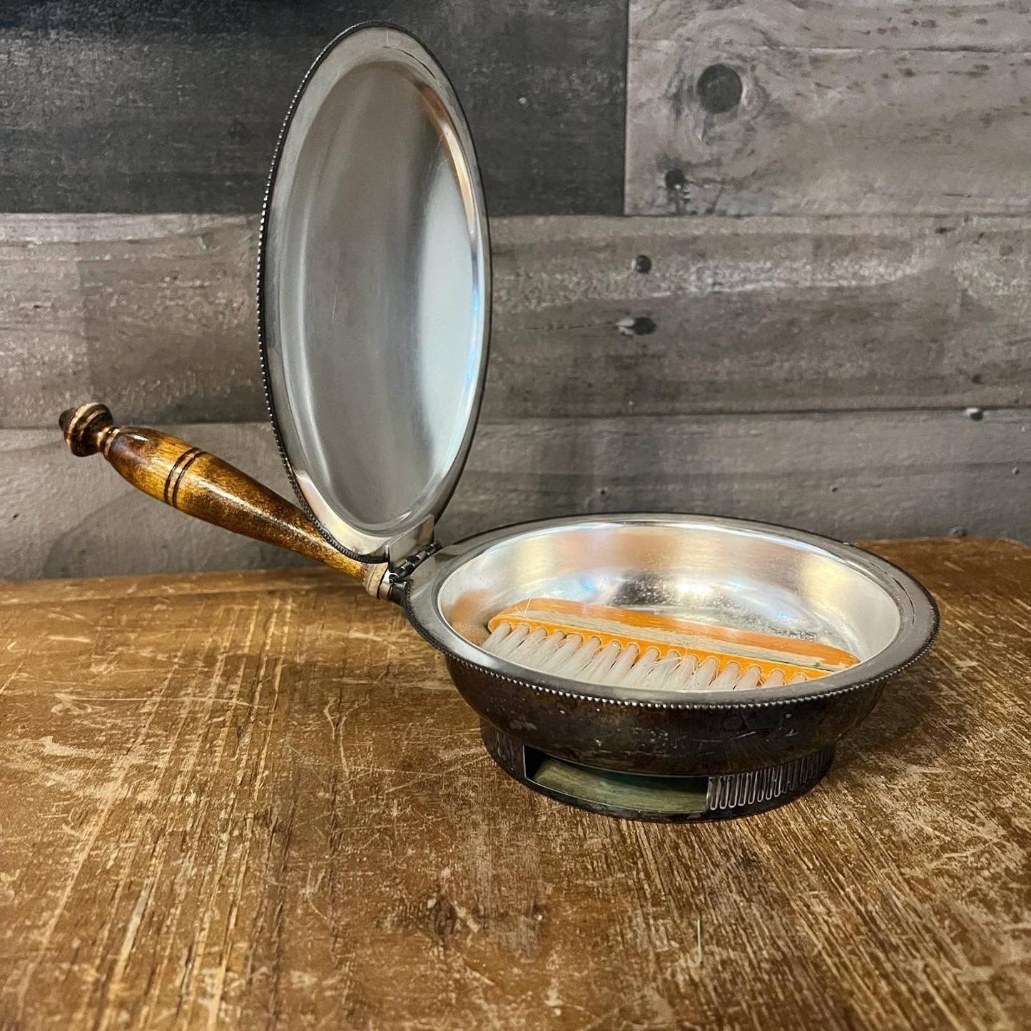Silver on copper vintage silent butler hinged, wooden handle pan and brush crumb pan