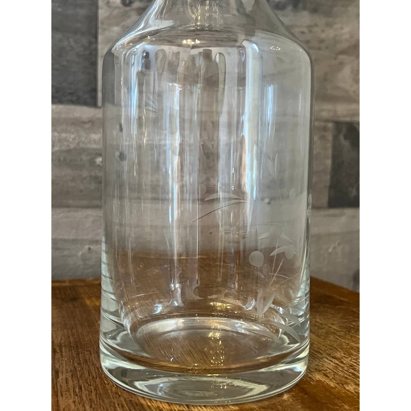 Clear glass floral etched tall decanter and cylinder stopper