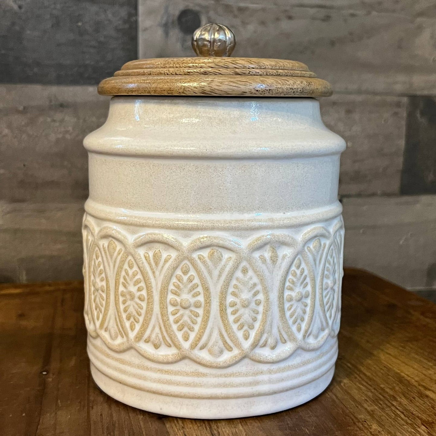 Pier 1 Imports creamy white lidded canister