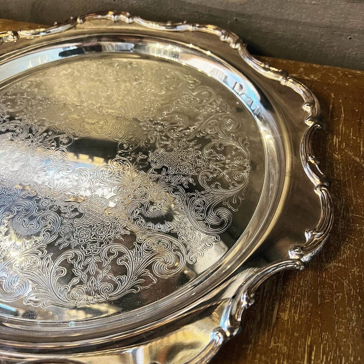 Vintage AMC Silverplate round scallop rim baroque tray