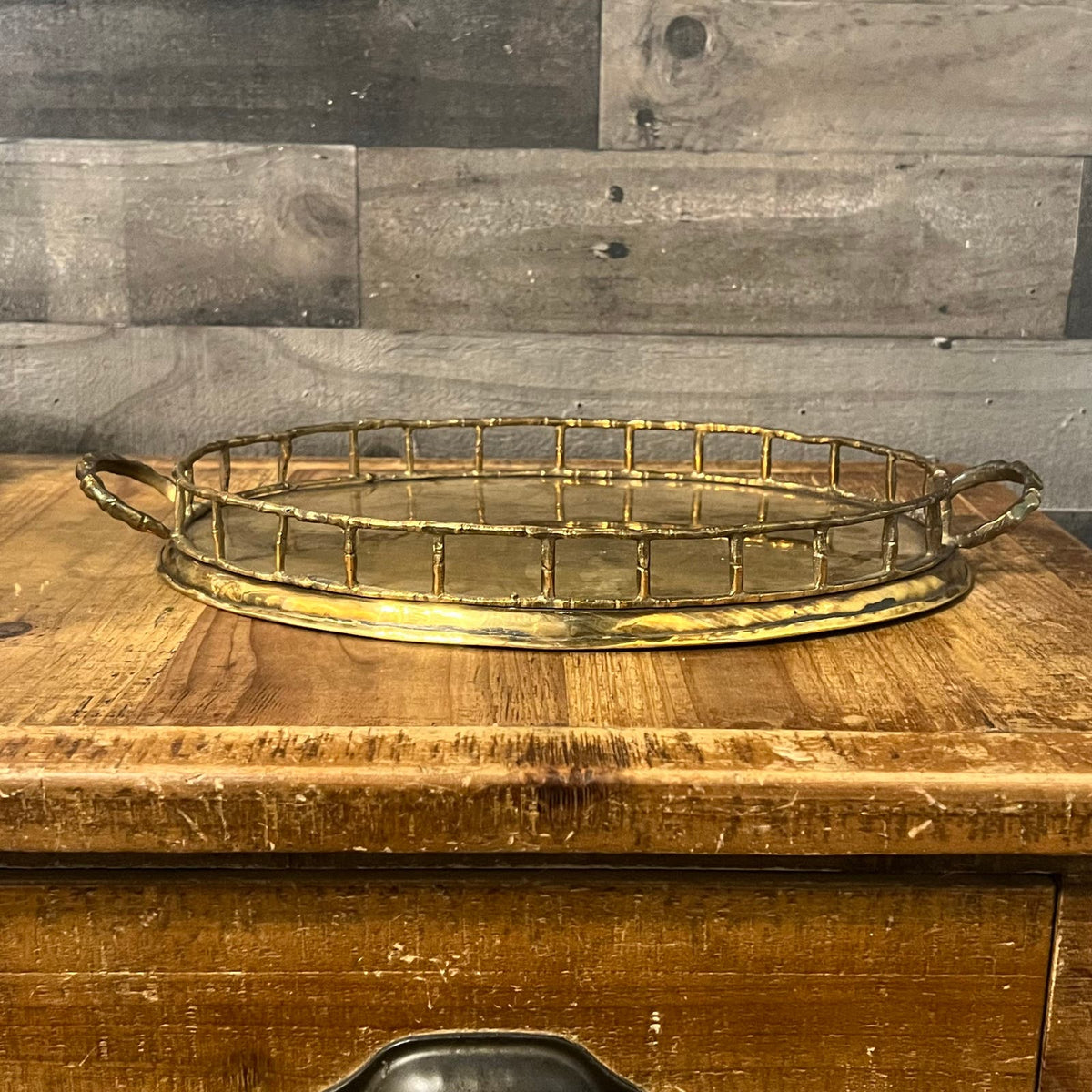 Vintage Brass Bamboo Style Oval Tray