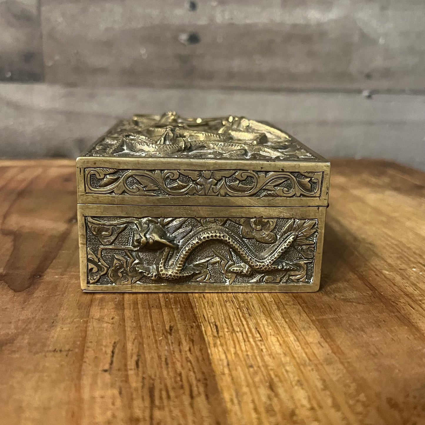 Brass Dragon Motif Rectangular Trinket Box with Wood Interior