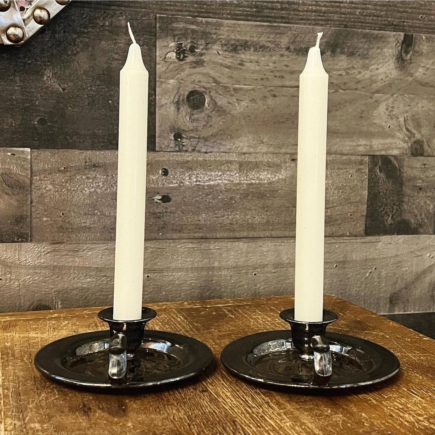 Vintage pair of aged silver tone candlestick holders - chamberstick