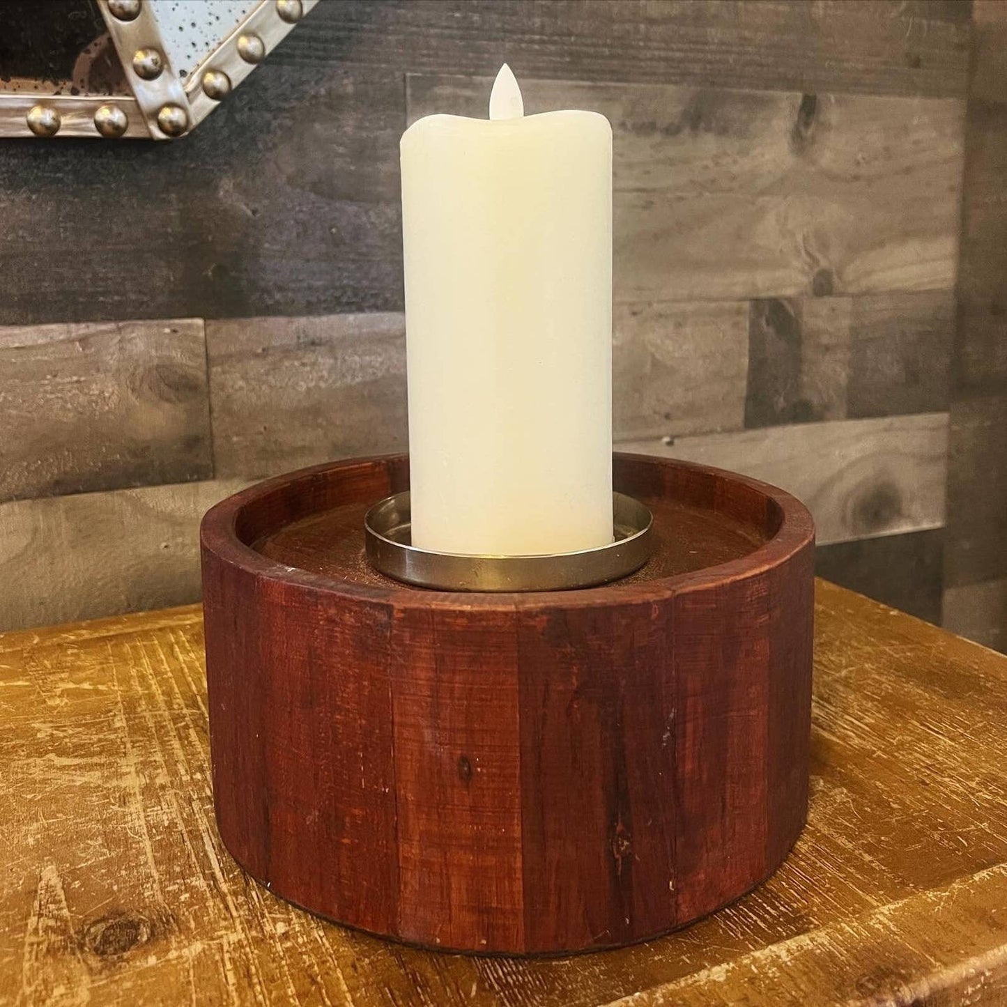 Large cylinder wooden candle riser with brass pillar candle holder