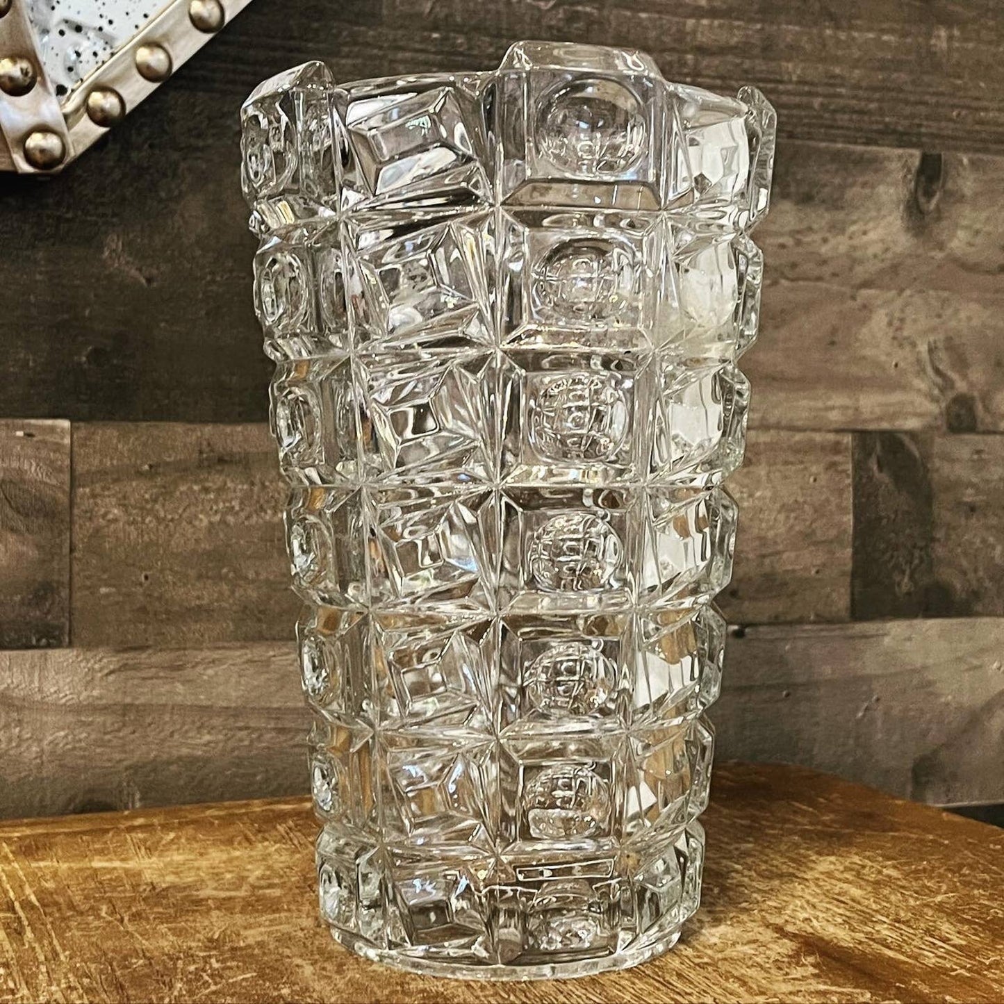 Heavy glass geometric shape art decor vase - circles and squares vase - table centerpiece vase - thick glass vase - clear glass MCM vase