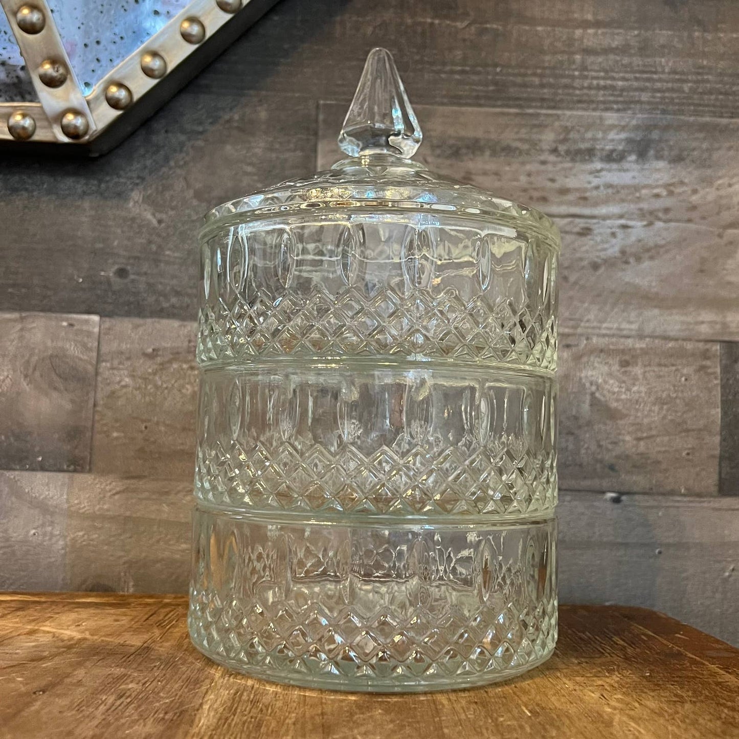 Vintage Indiana Glass 3 tier princess cut clear lidded dish