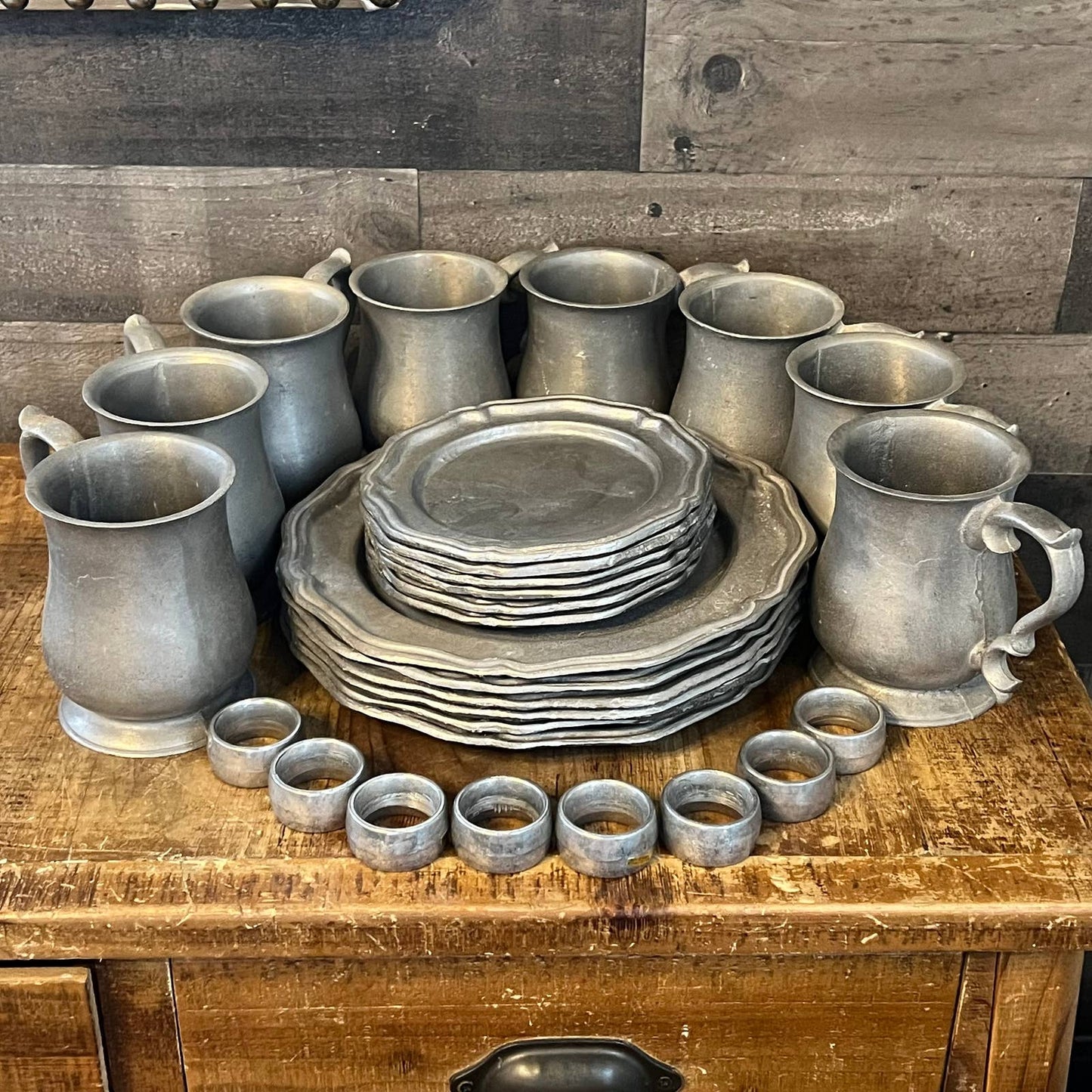 Vintage pewter dinnerware - pewter serveware - pewter mugs - pewter dinner plates - pewter salad plates
