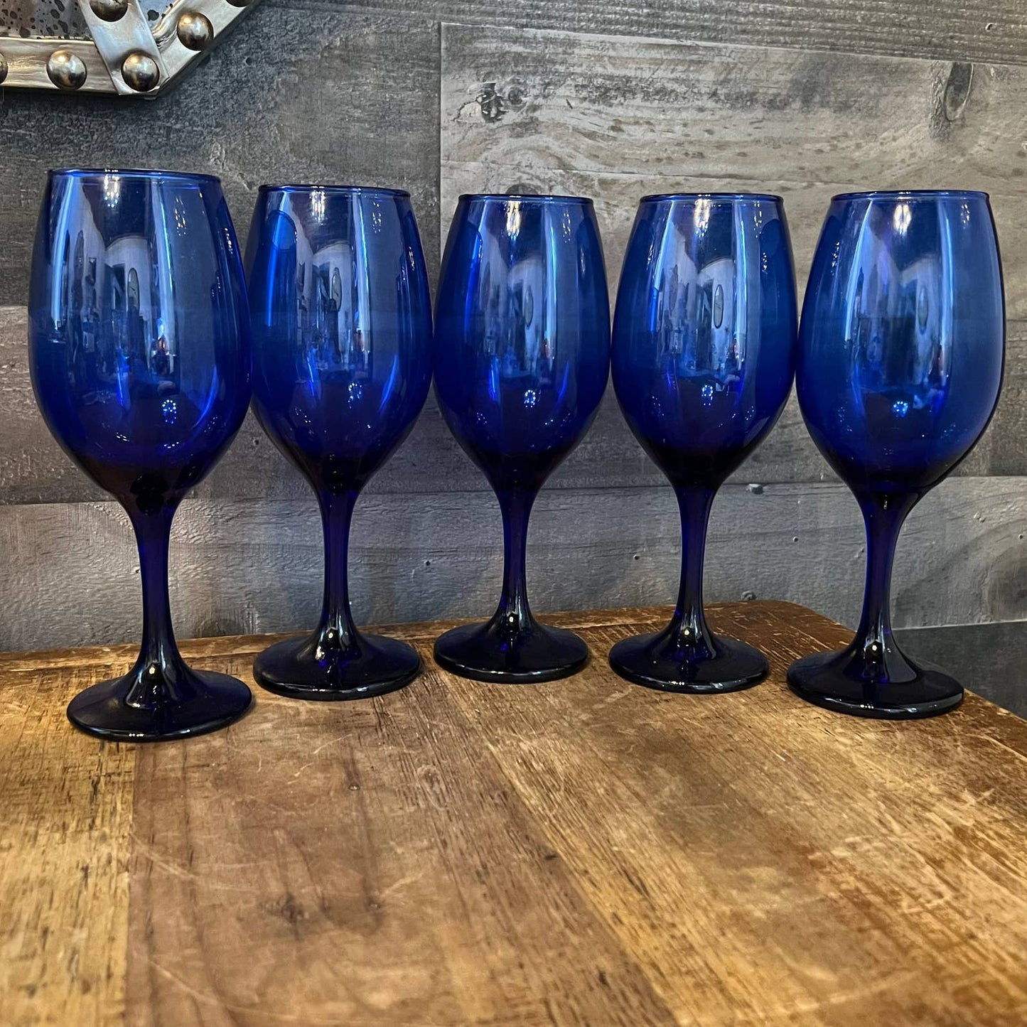 Set of 5 cobalt blue glass wine glasses - water goblets