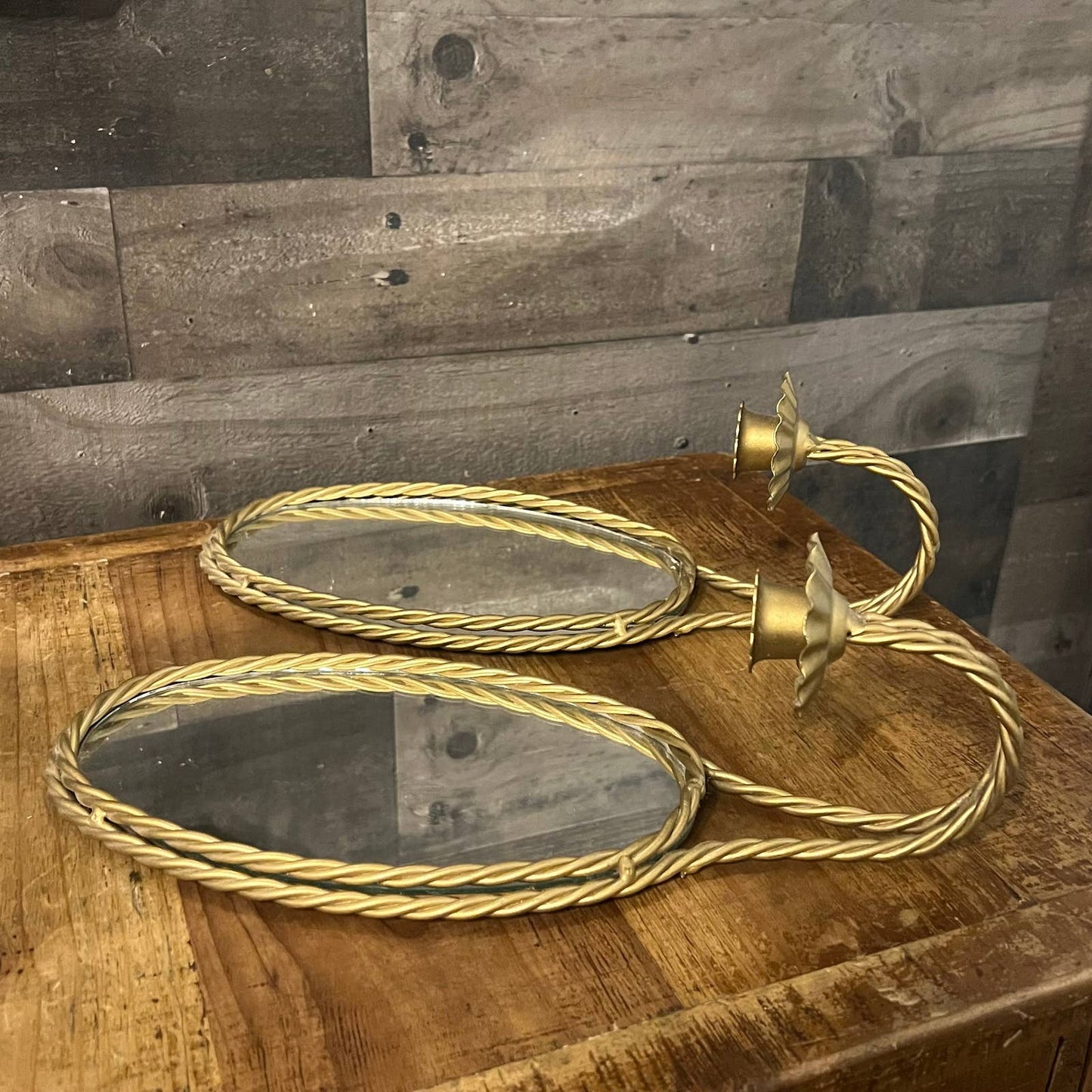 Vintage pair of gold braid mirrored candlestick wall sconces