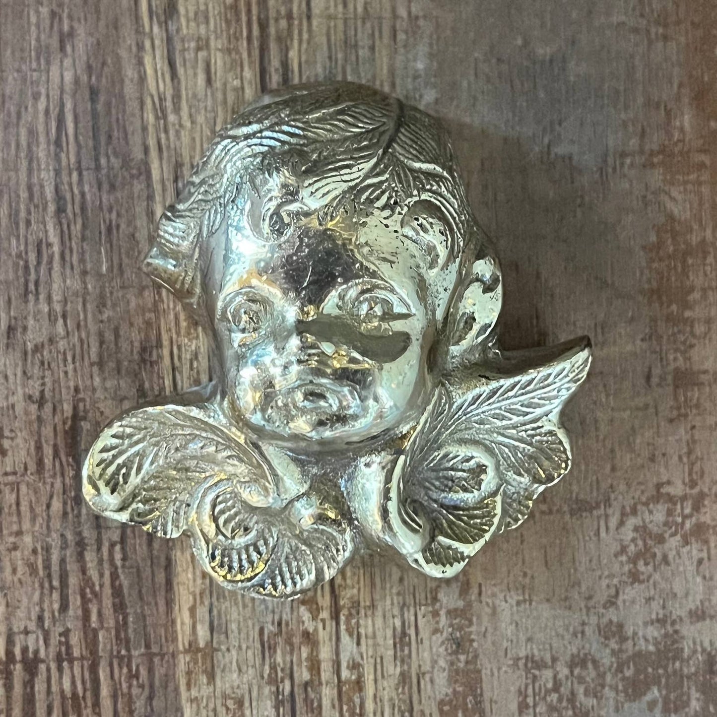 Vintage petite brass cherub angel face wall decor