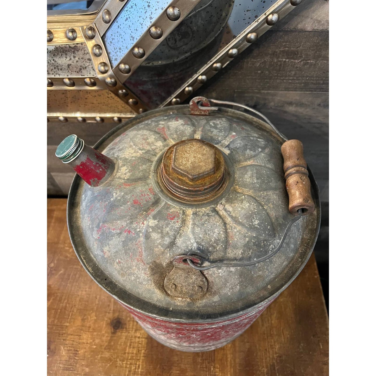 Vintage galvanized rustic metal handles gasoline can - red chipped paint gasoline can with handle and spout