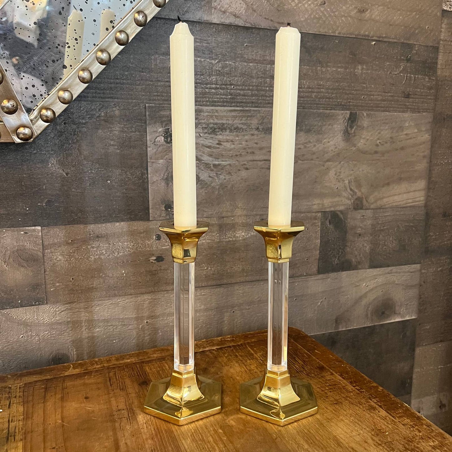 Brass and lucite candlestick holder pair