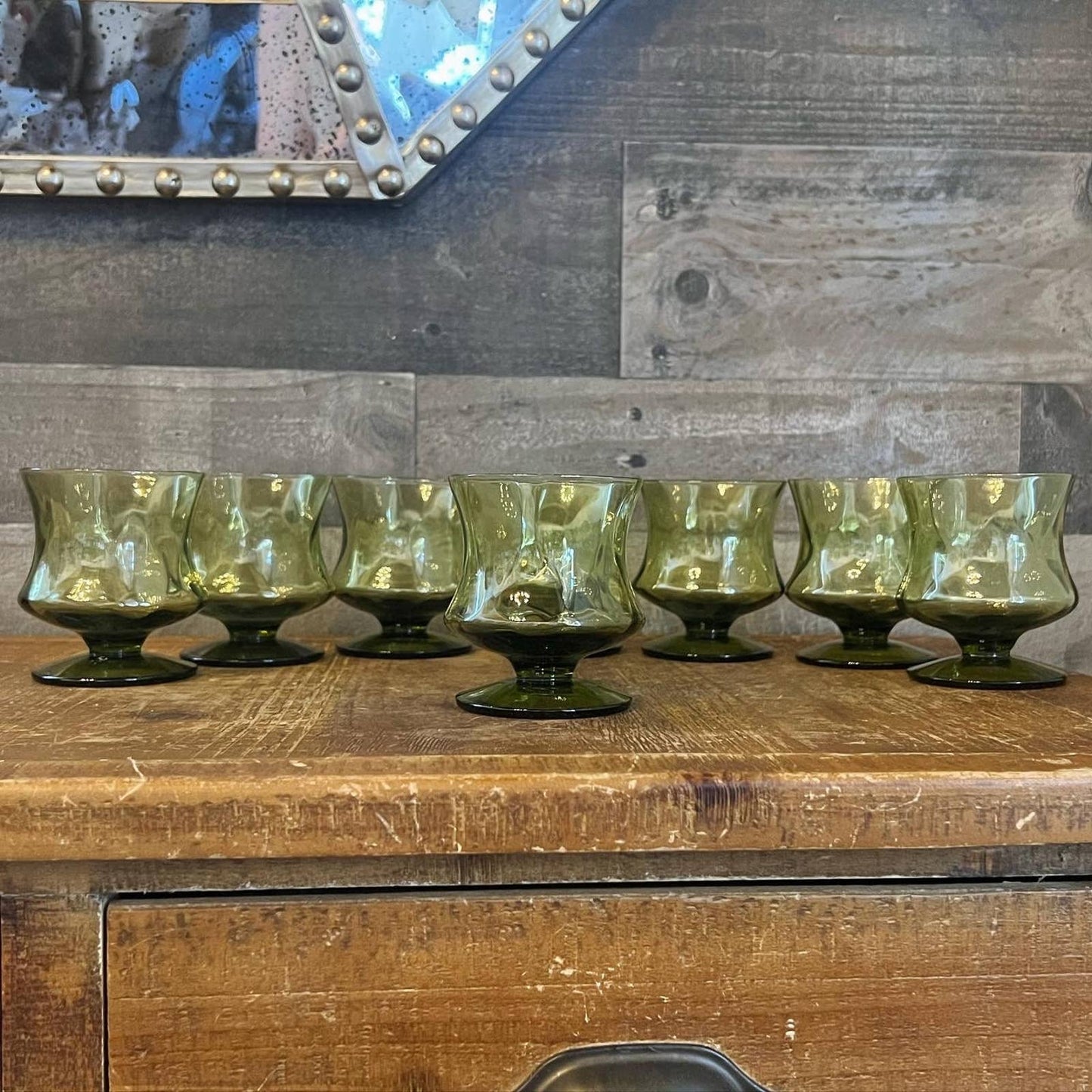 Vintage set of 8 Seneca green glass short stem coupes