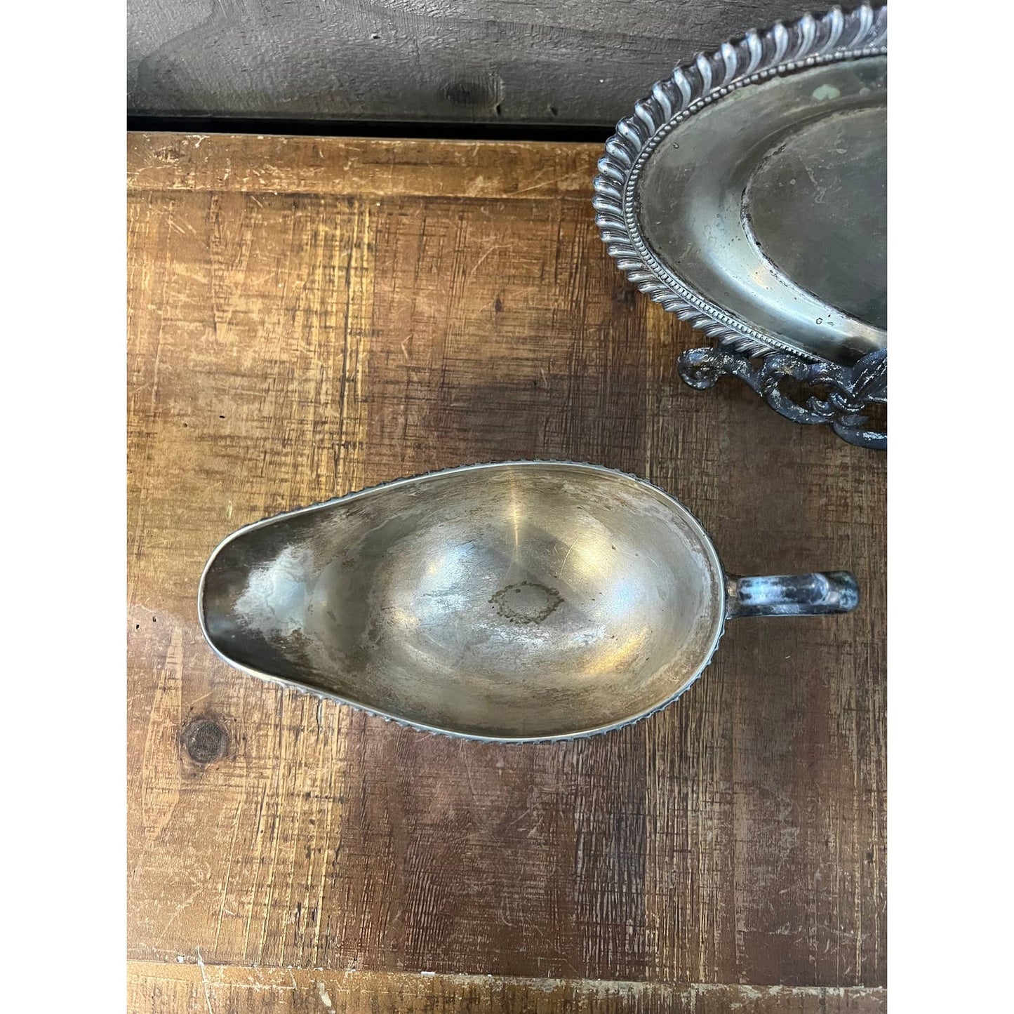 Vintage silver plate handled footed gravy boat and oval serving tray - sauce boat - cream pour