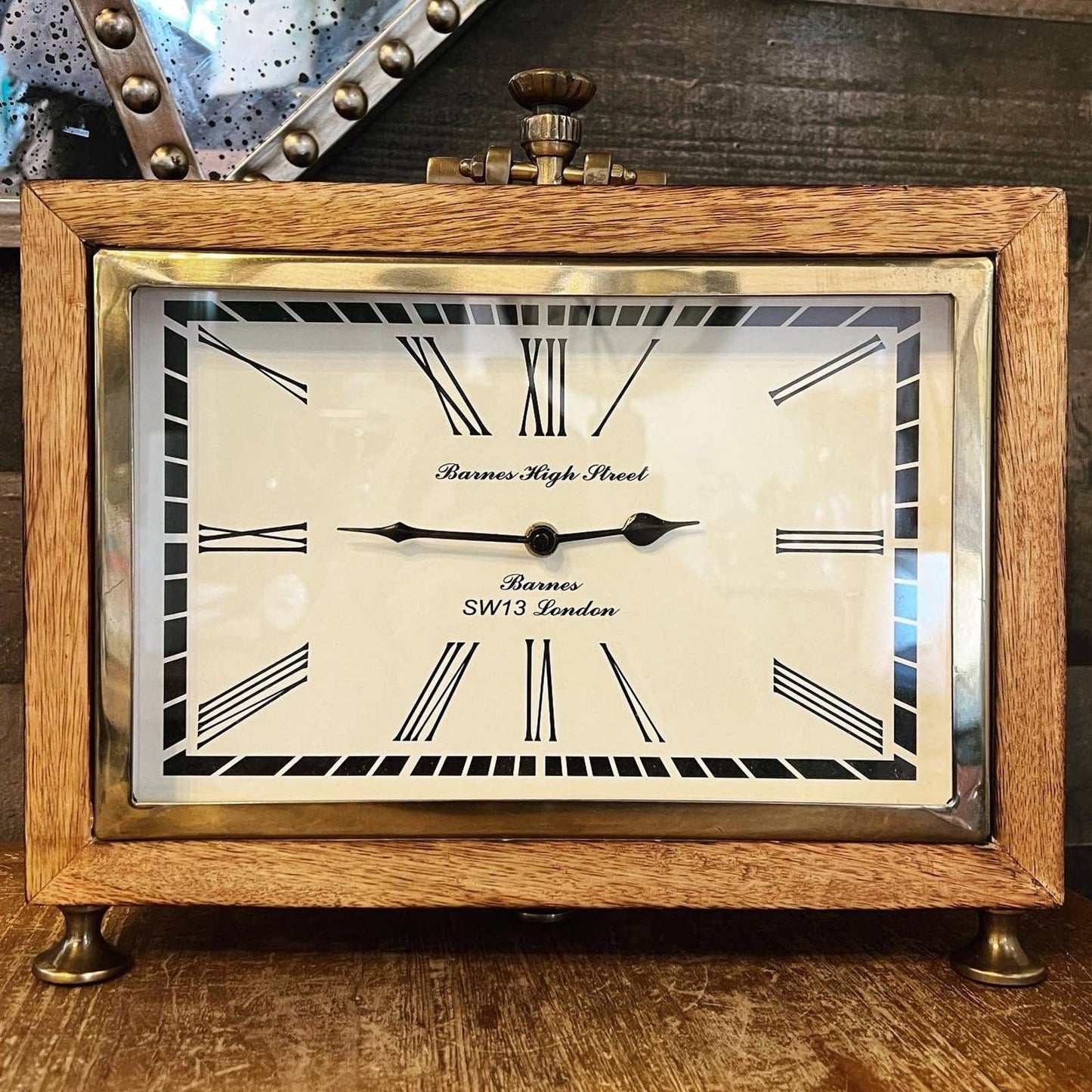 Barnes High Street tri brass footed wooden rectangle analog Roman numeral clock