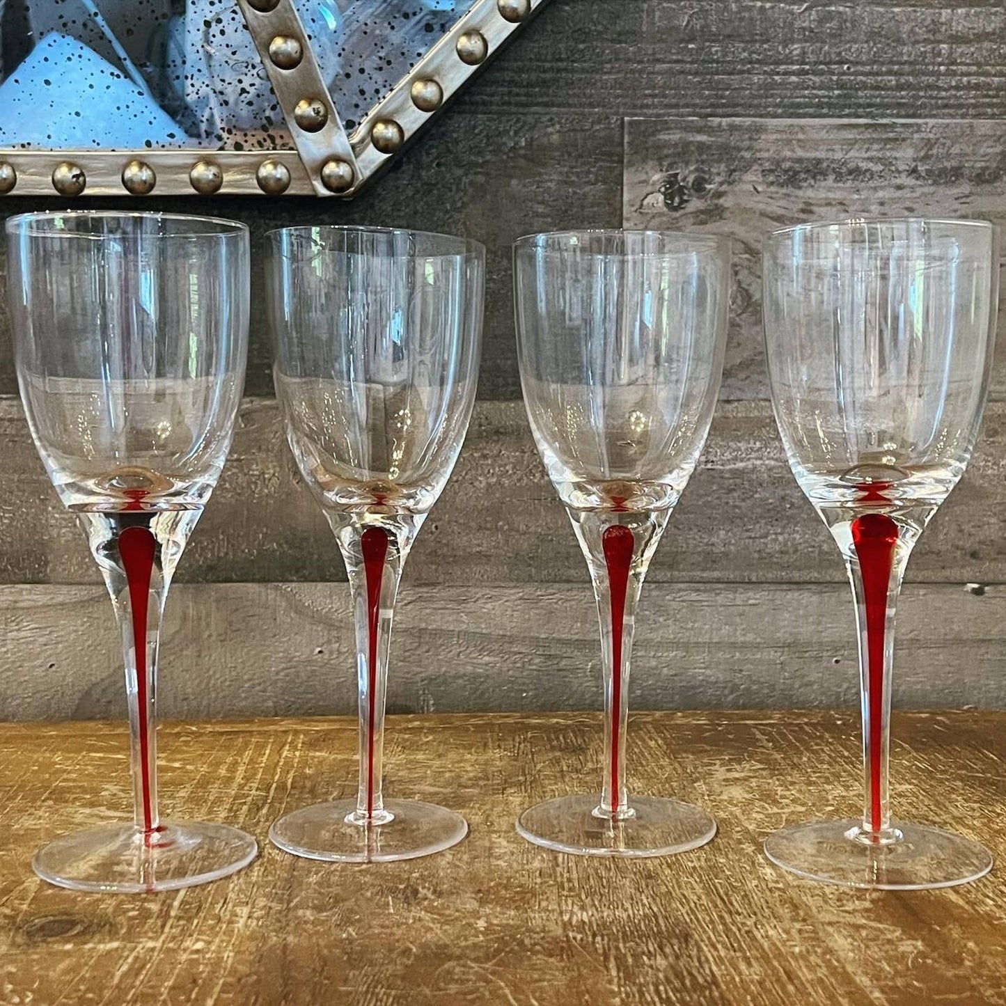 Set of 4 red teardrop long stem clear glass wine glasses
