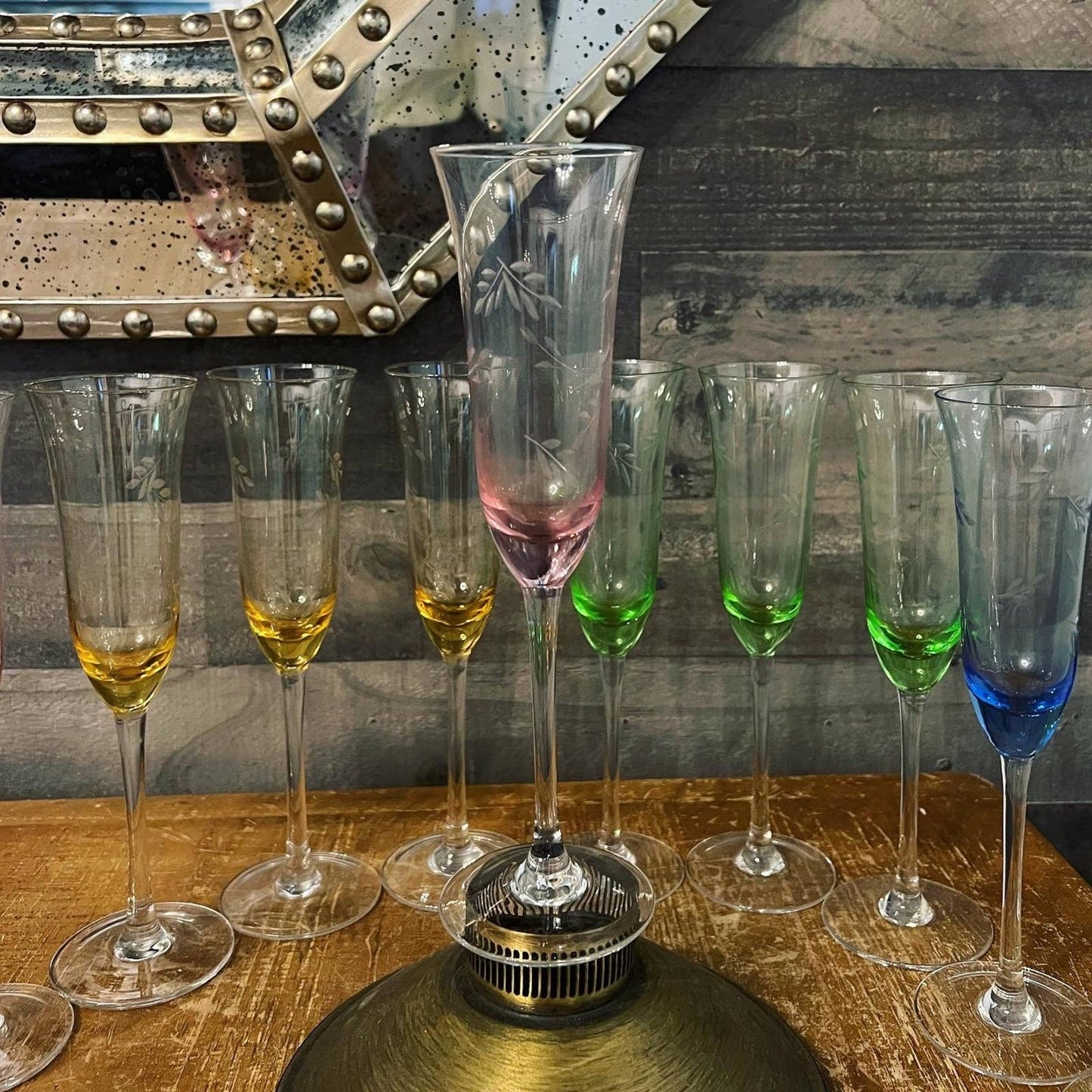 Multi color etched leaf crystal champagne flutes - pink, yellow, green, blue with champagne glasses