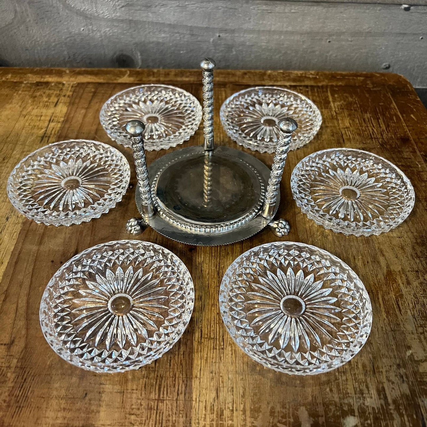 FB Rogers silverplated ball and claw foot crystal coaster holder - 6 crystal coaster set