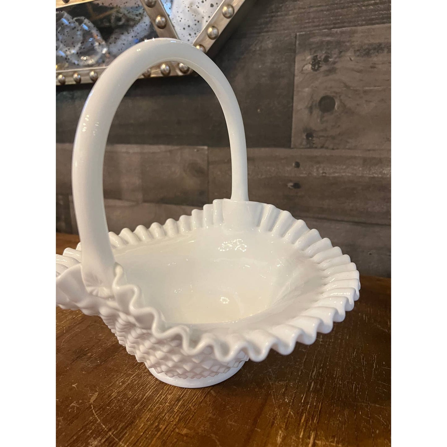 Vintage Fenton hobnail white milk glass handle basket with ruffled ribbon edge