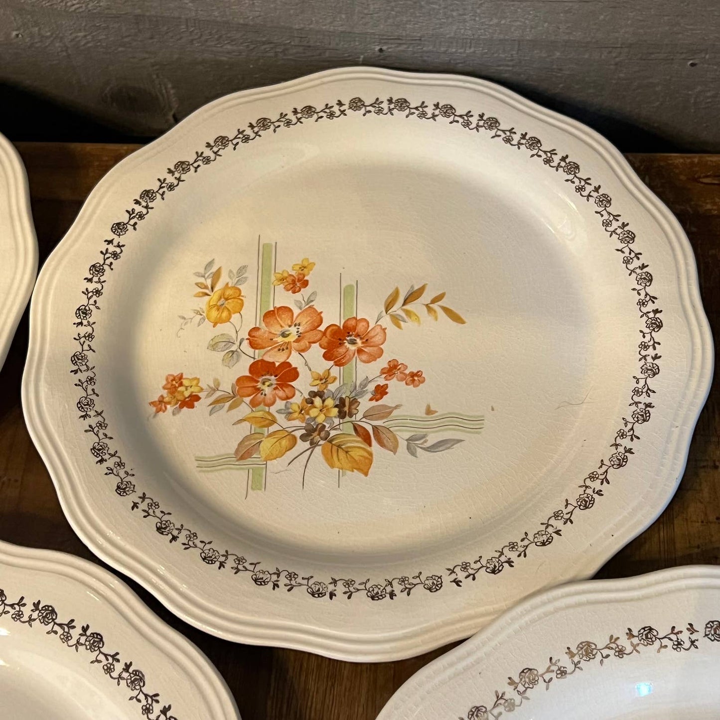 Vintage French Saxon China 22 K gold floral ribbon plates - set of 6