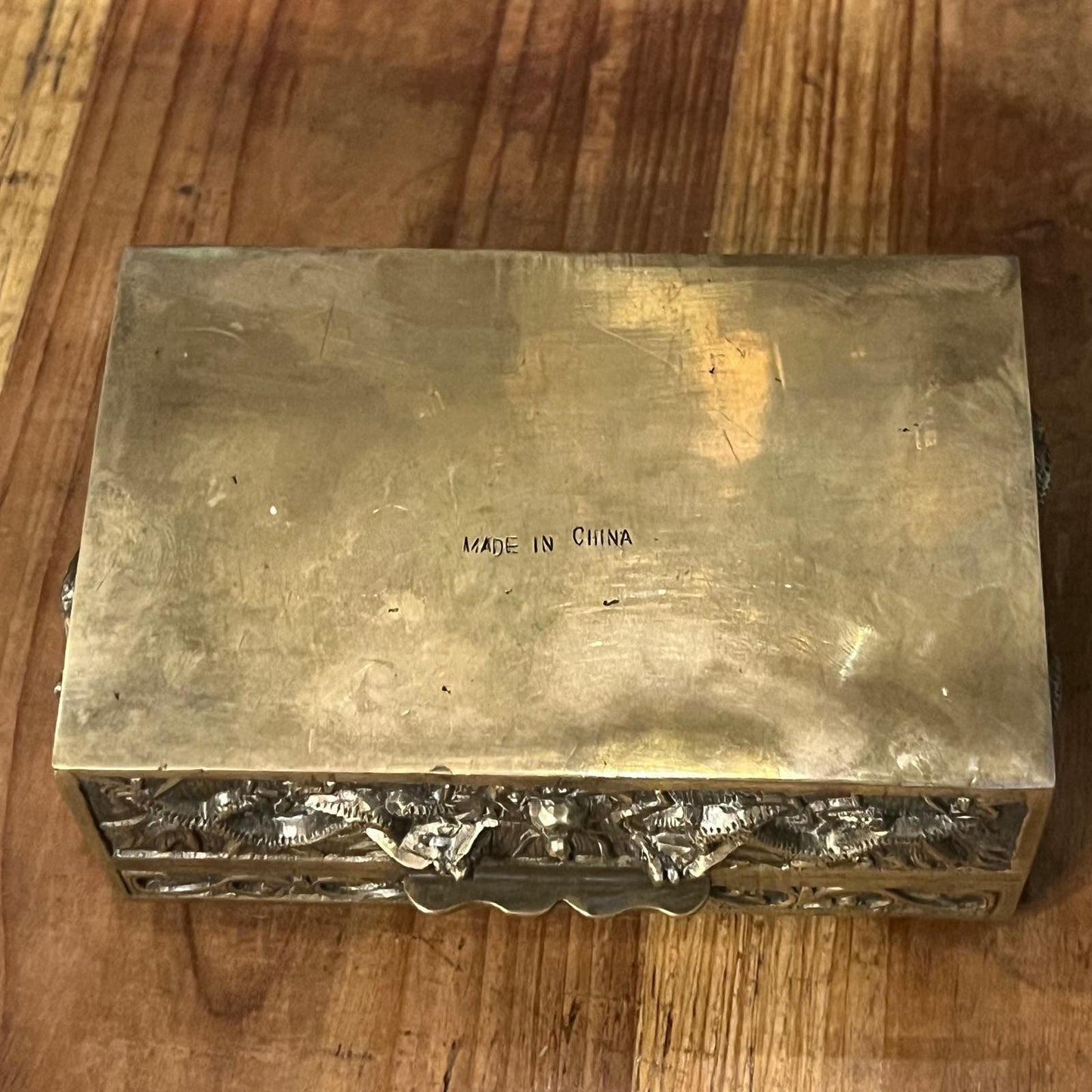 Brass Dragon Motif Rectangular Trinket Box with Wood Interior