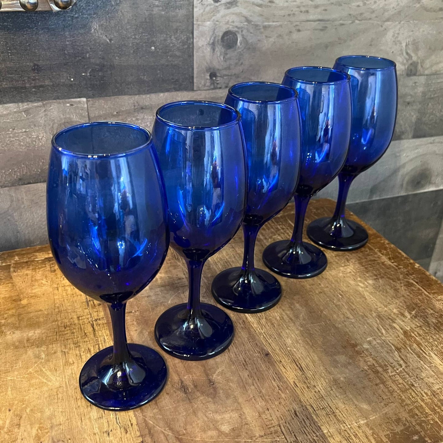 Set of 5 cobalt blue glass wine glasses - water goblets
