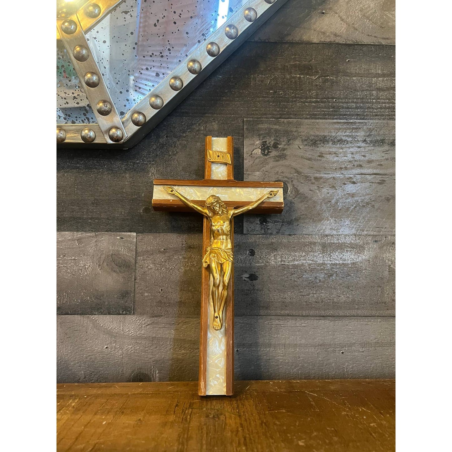 Vintage wooden pearlescent cross Jesus crucifix