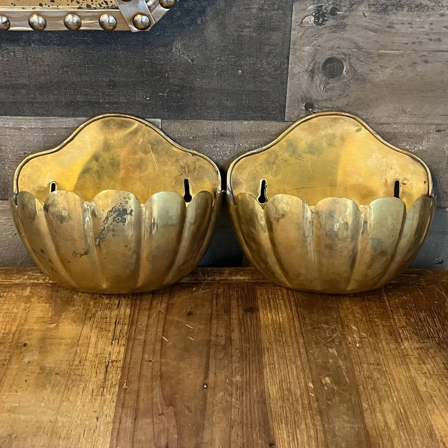 Vintage brass scallop edge wall planters - pair