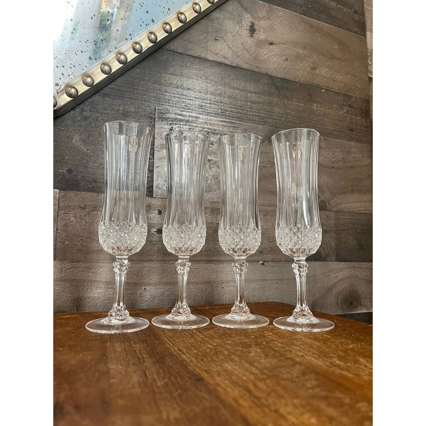 4 Vintage Cristal D’Arques Durand clear crystal faceted stem champagne glasses