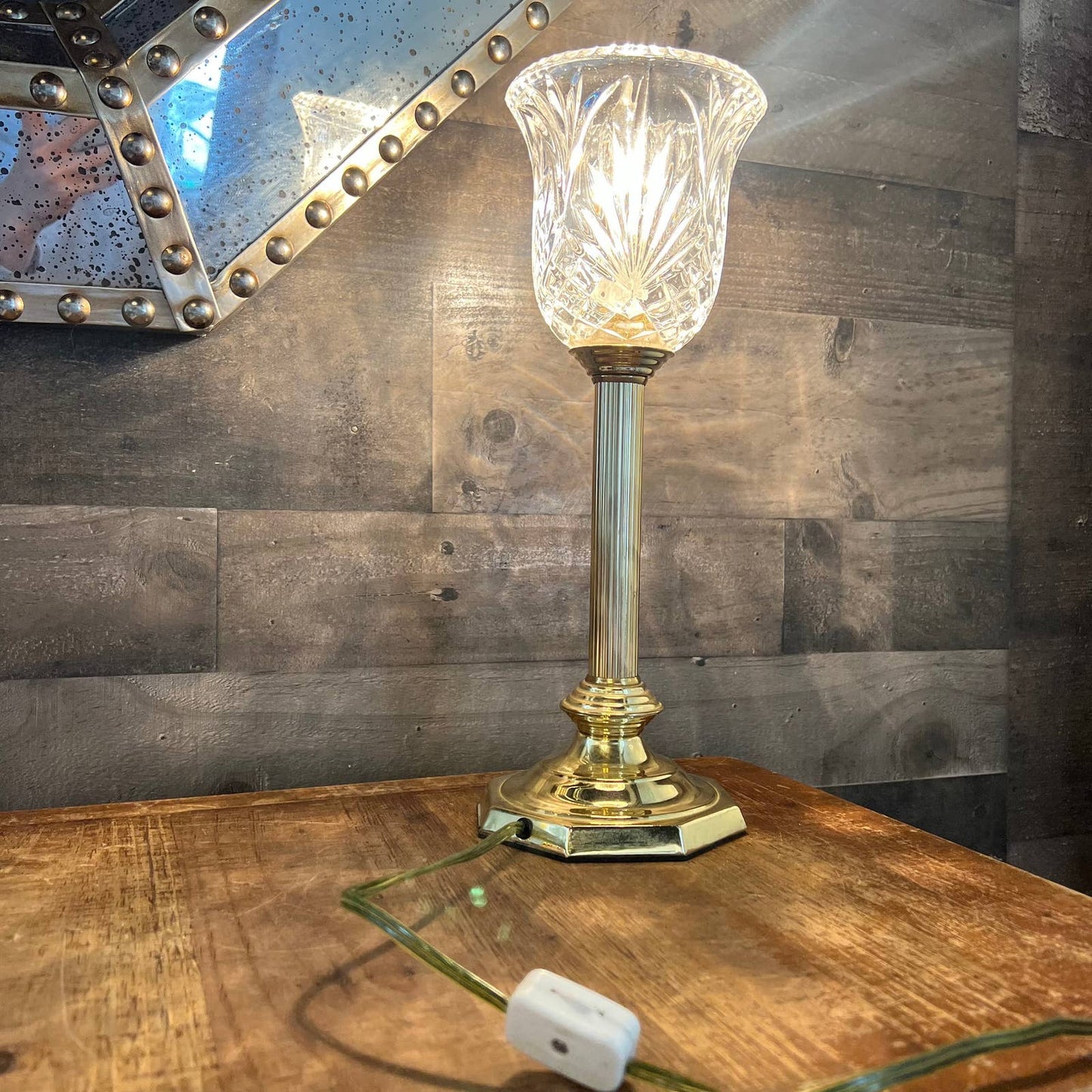 Vintage brass candlestick lamp with crystal shade