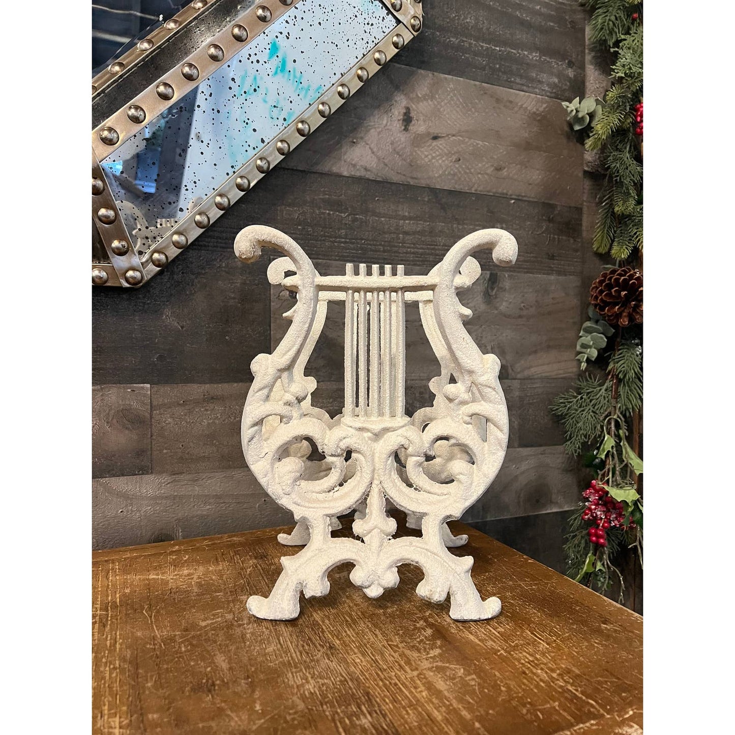 Vintage white lyre harp book stand