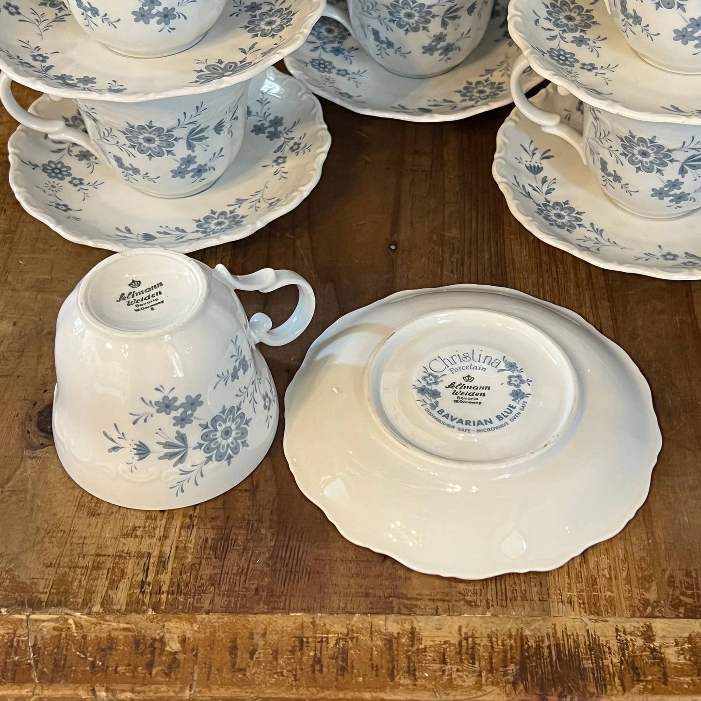Christina Porcelain Bavarian Blue Seldmann Welden teacups and saucers - set of 9
