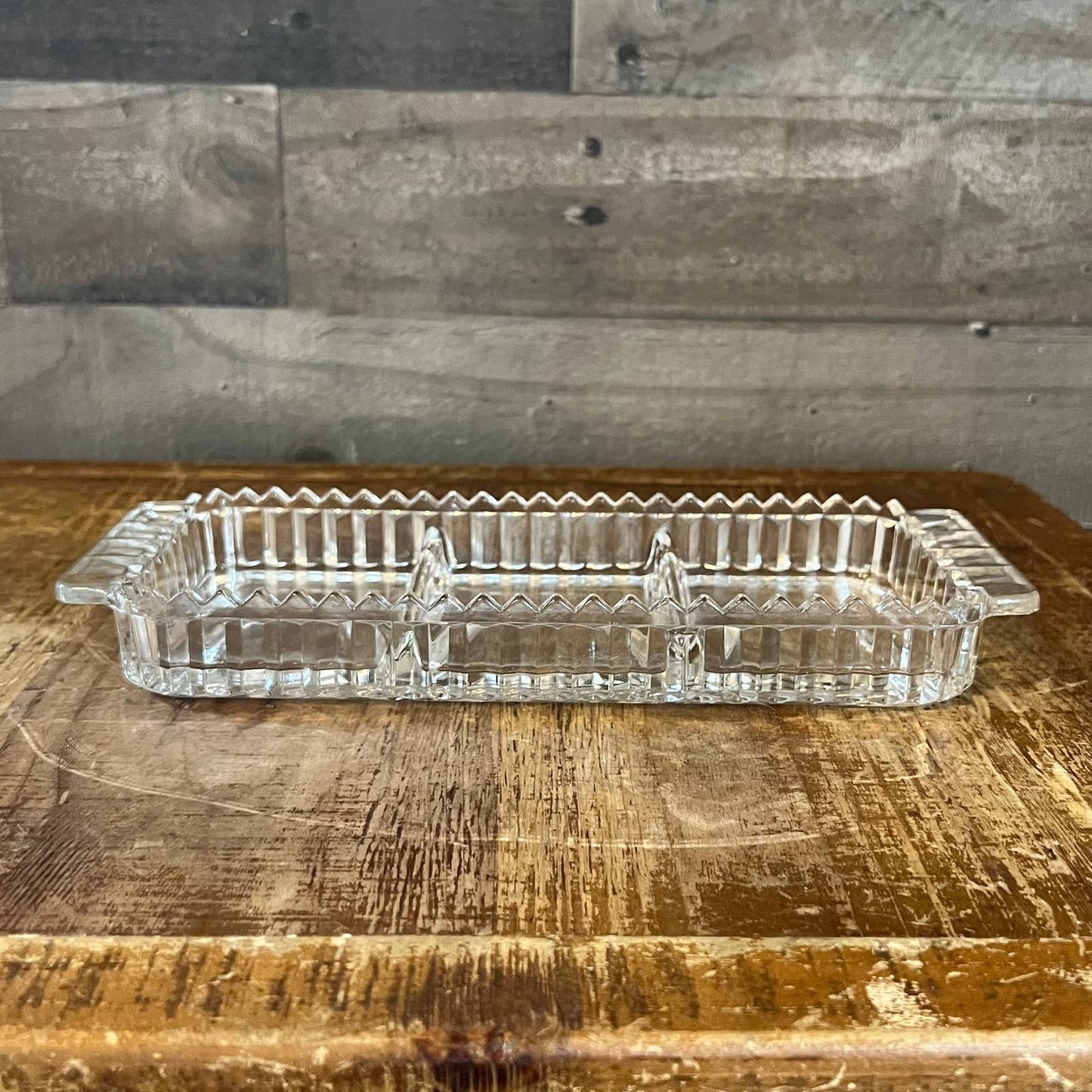 Vintage glass rectangle divided trinket tray with sawtooth rim