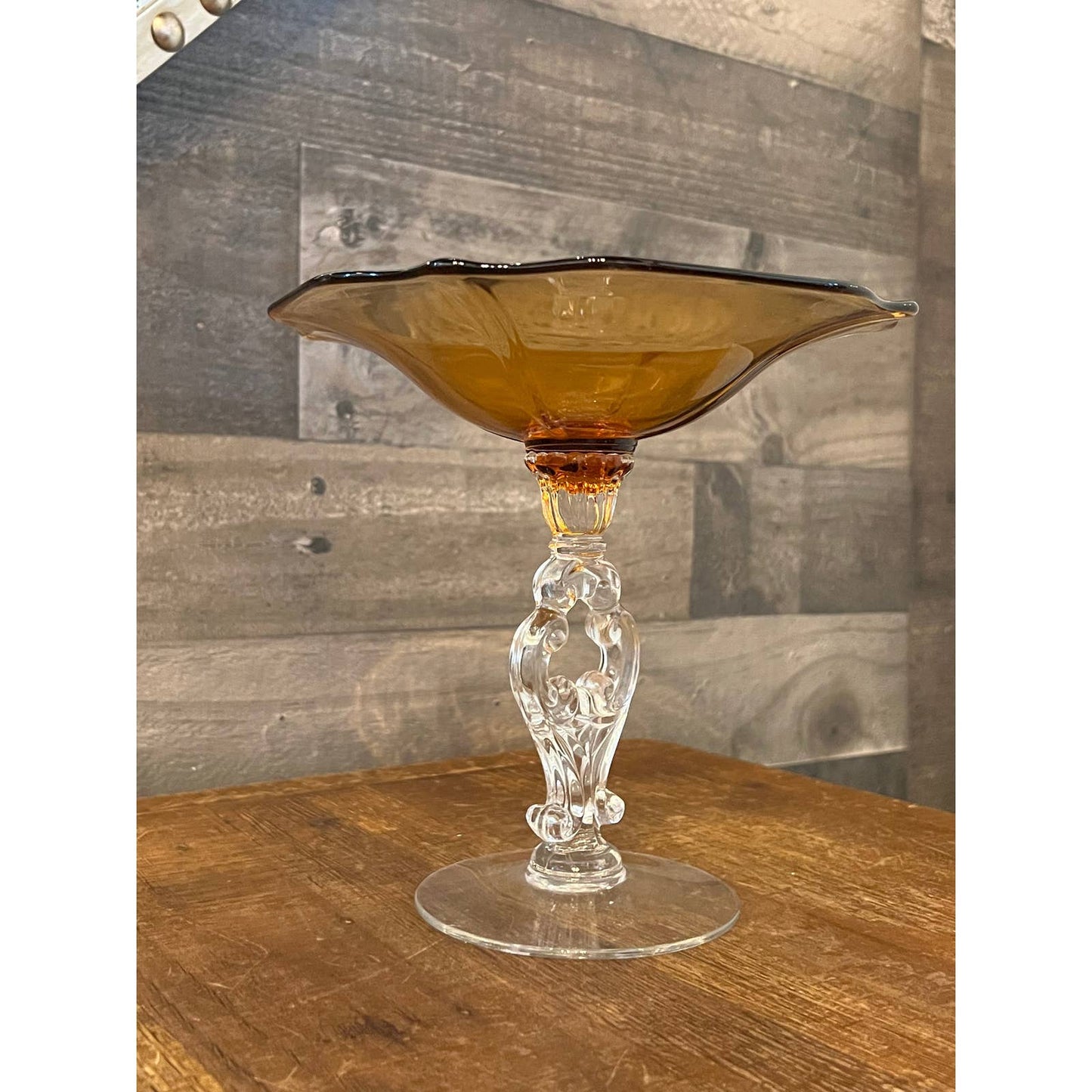 Vintage Cambridge 3400 amber glass clear glass key hole stem compote dish