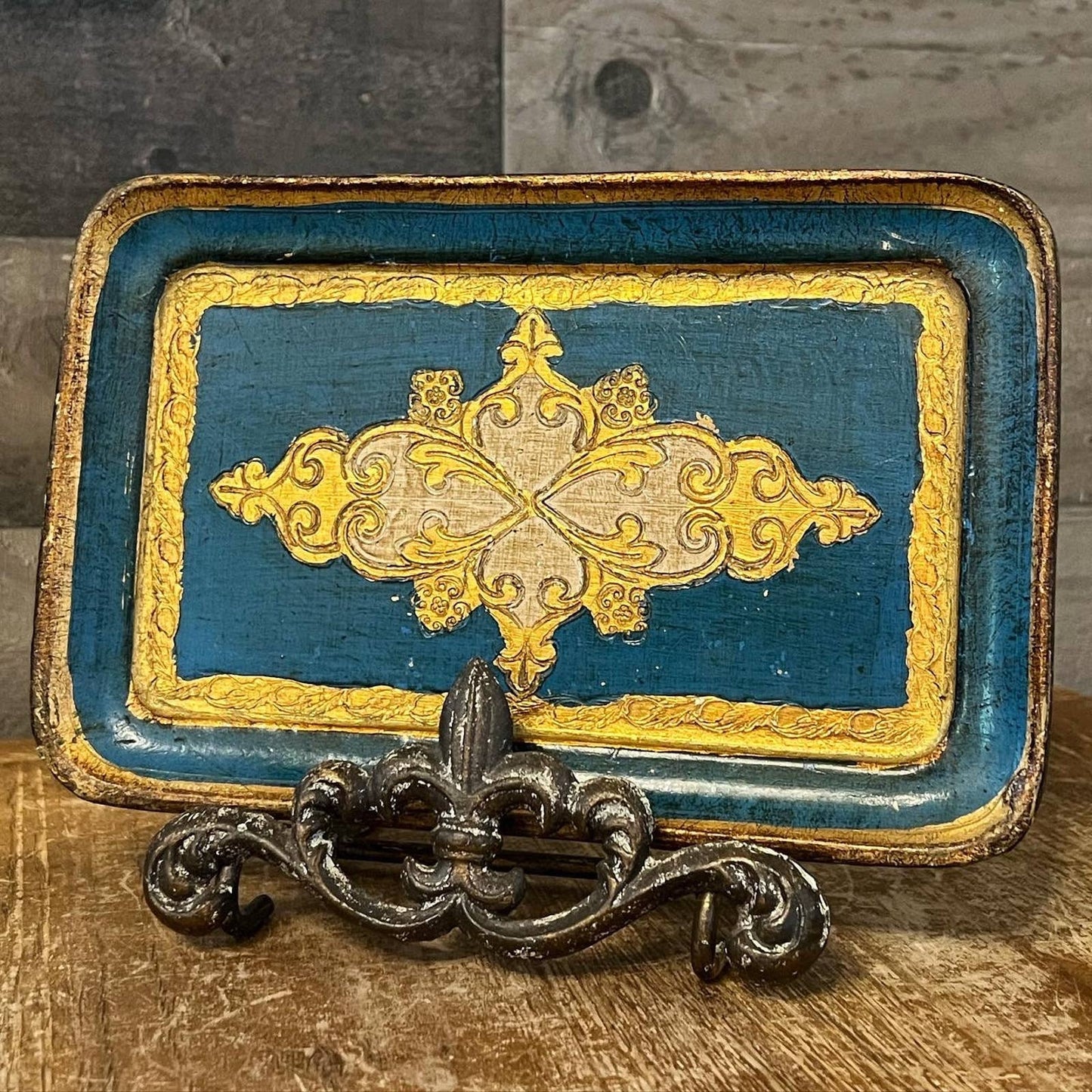Vintage gold and turquoise blue legno gilded wood trinket tray