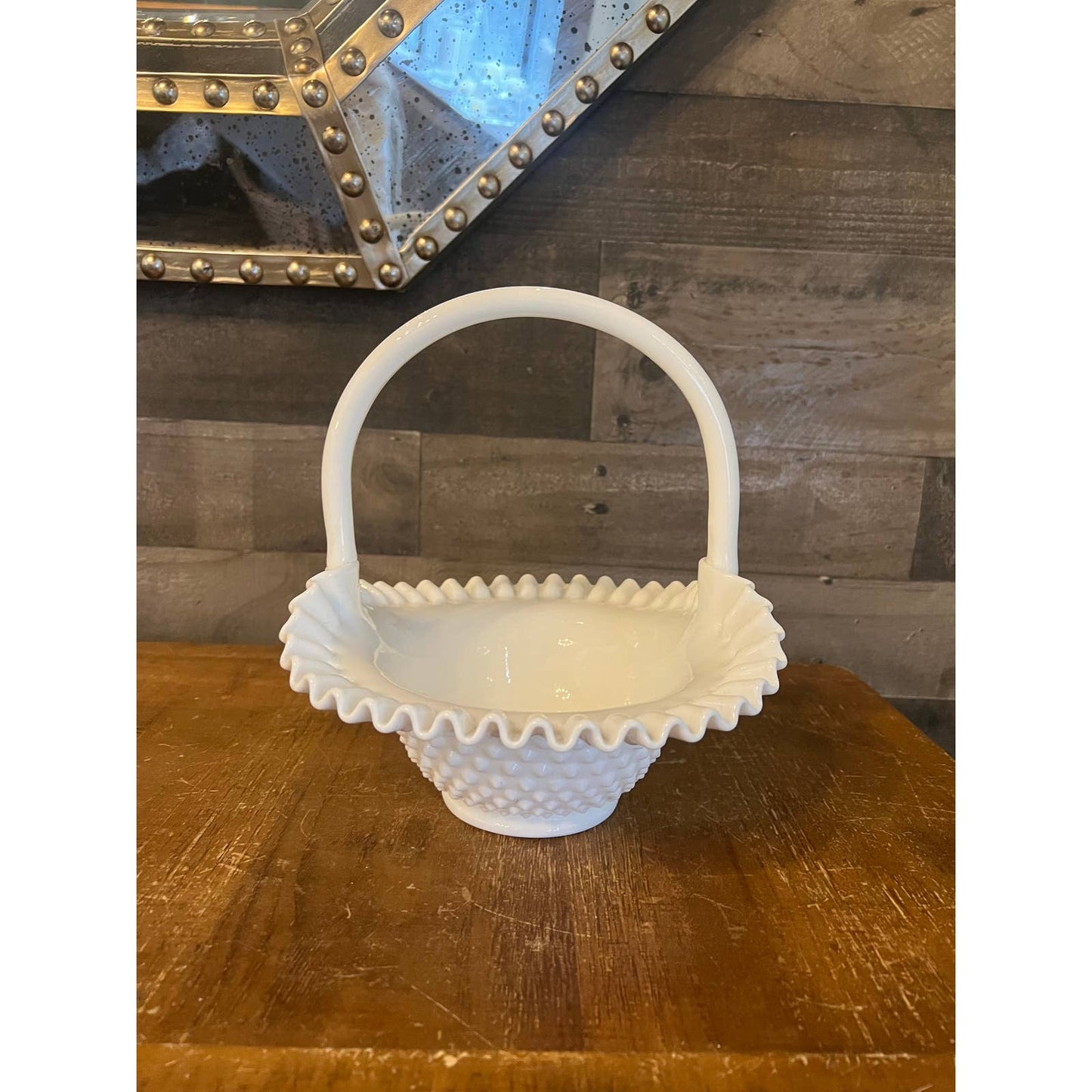 Vintage Fenton hobnail white milk glass handle basket with ruffled ribbon edge