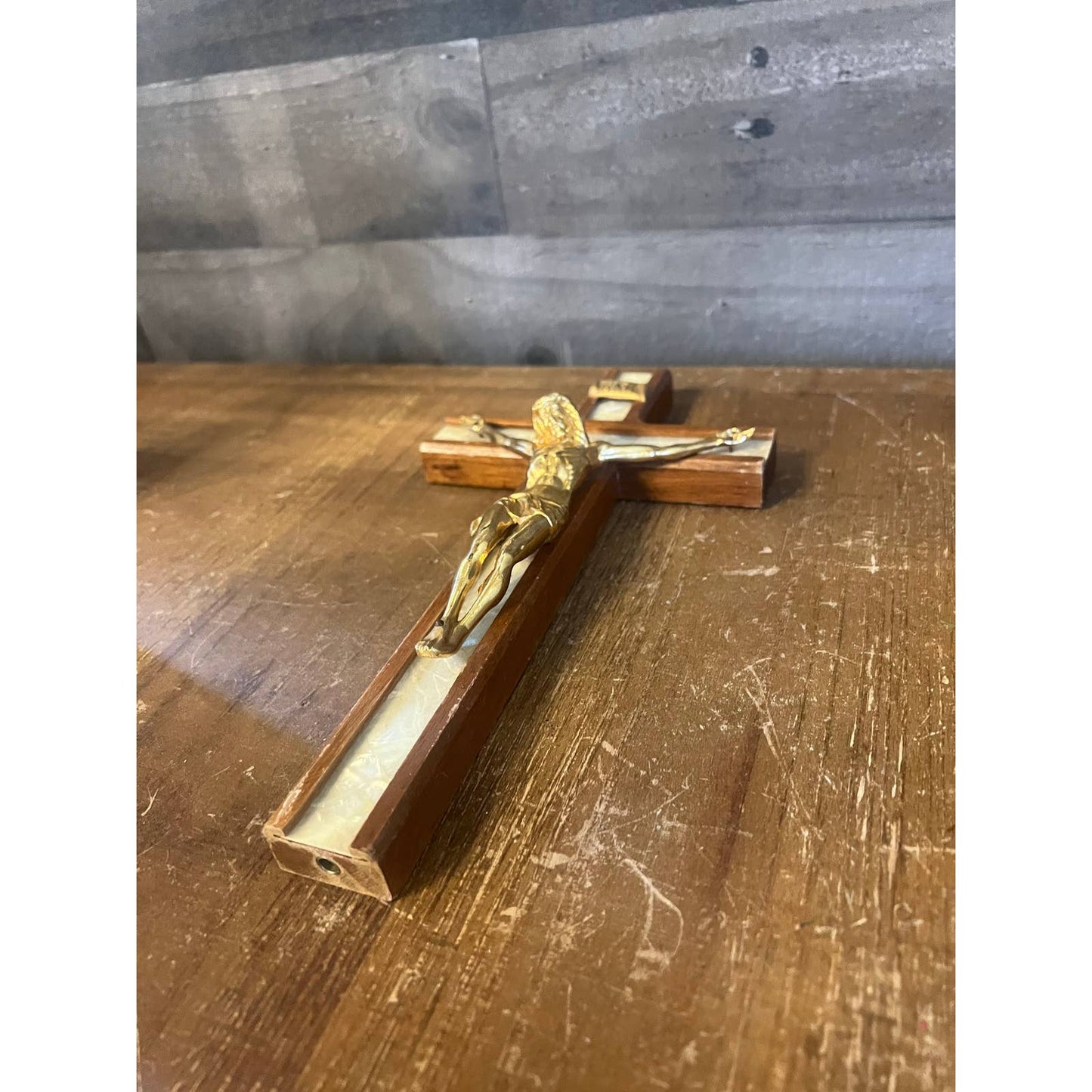 Vintage wooden pearlescent cross Jesus crucifix